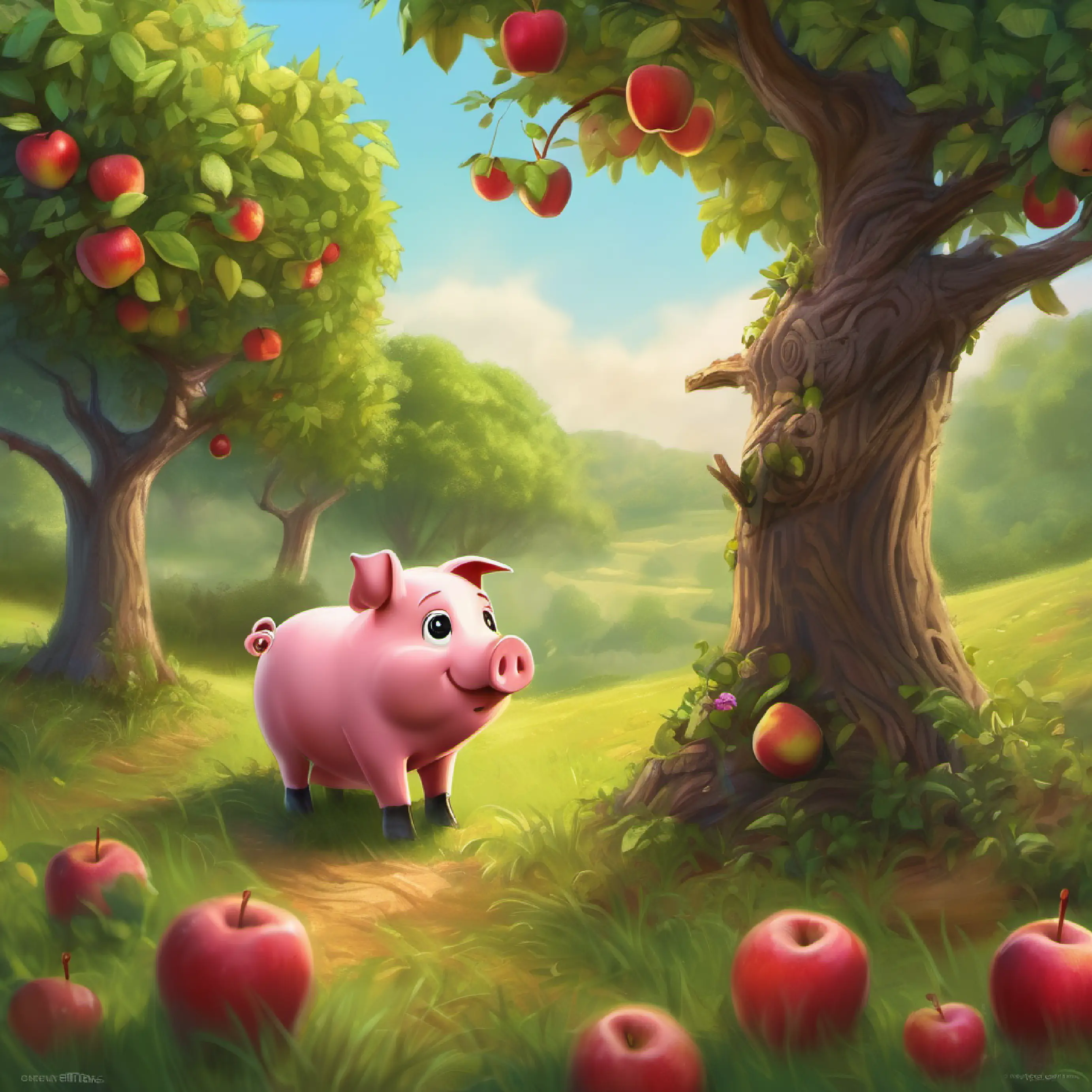 Piggy discovers an apple tree, distracted by his find.