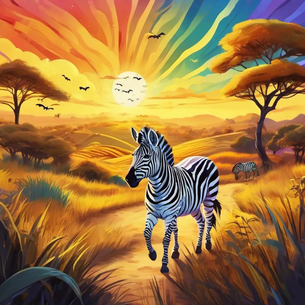 The story begins in the African savannah, where Rainbow-striped zebra with a playful and friendly smile, yellow eyes, the striped zebra, lives.