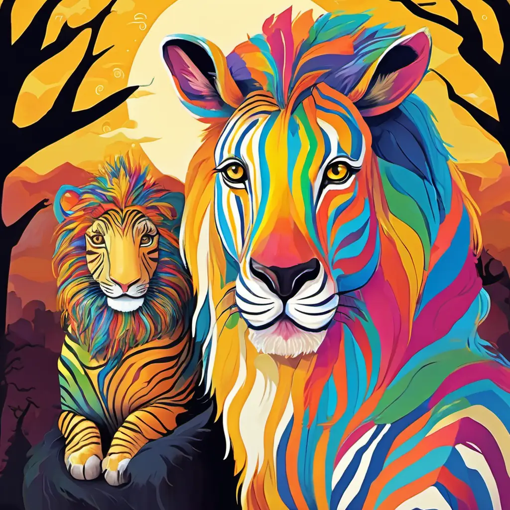 Rainbow-striped zebra with a playful and friendly smile, yellow eyes meets Wise old lion with a majestic golden mane, wise and gentle eyes, the wise old lion, who gives him an important message about embracing his uniqueness.