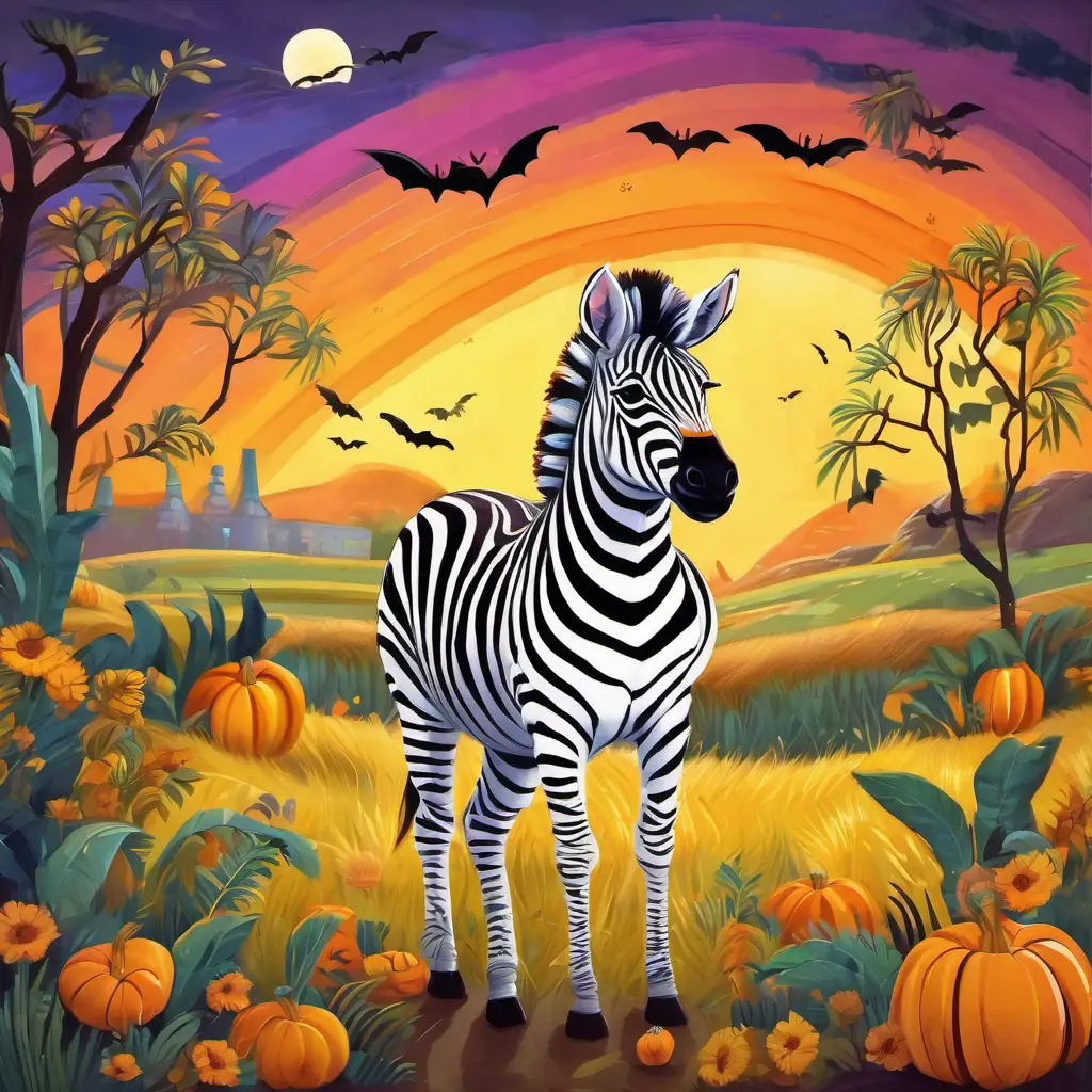 Rainbow-striped zebra with a playful and friendly smile, yellow eyes learns to embrace his uniqueness, and all the animals in the savannah admire him.