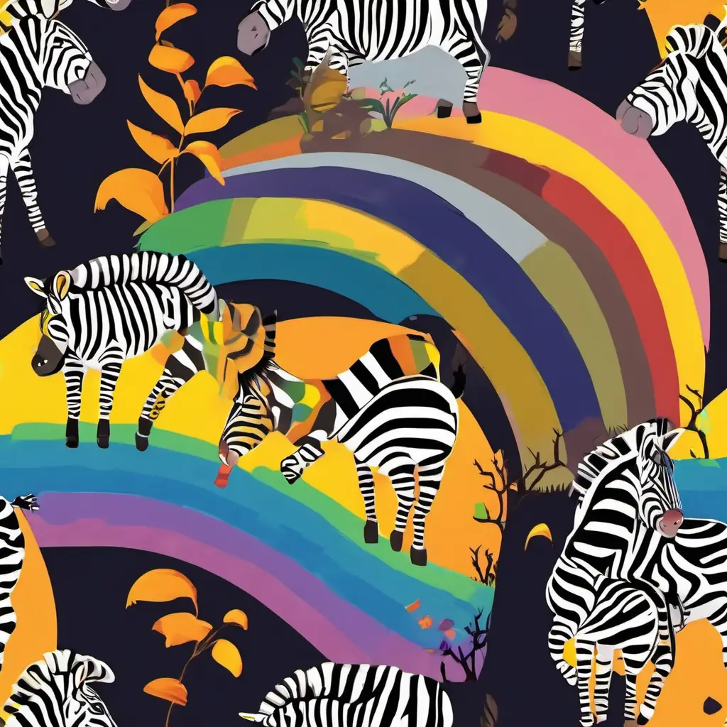 Rainbow-striped zebra with a playful and friendly smile, yellow eyes and his friends have fun adventures in the savannah, spreading happiness with Rainbow-striped zebra with a playful and friendly smile, yellow eyes's rainbow stripes.