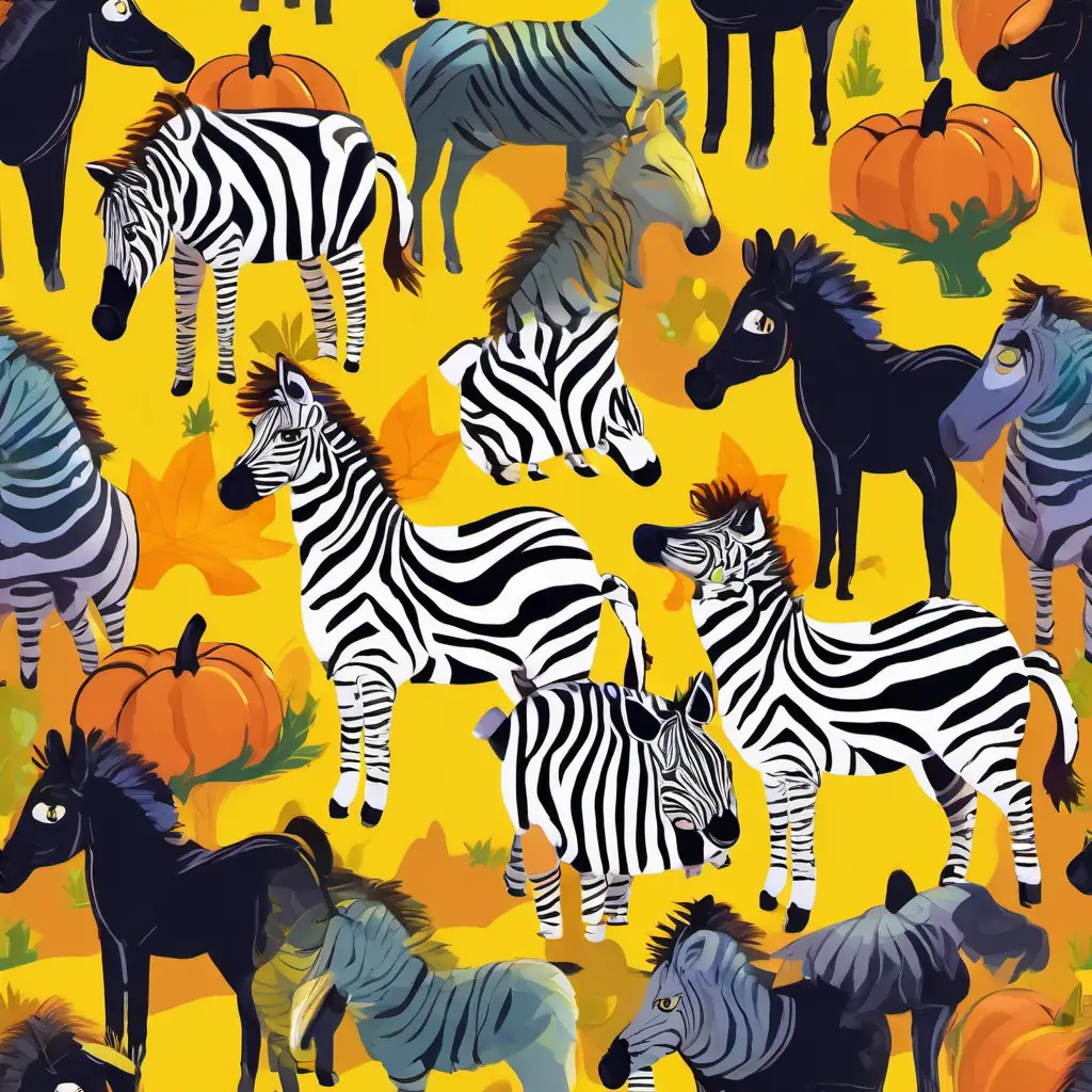 Rainbow-striped zebra with a playful and friendly smile, yellow eyes lives happily ever after with his friends who love him unconditionally.