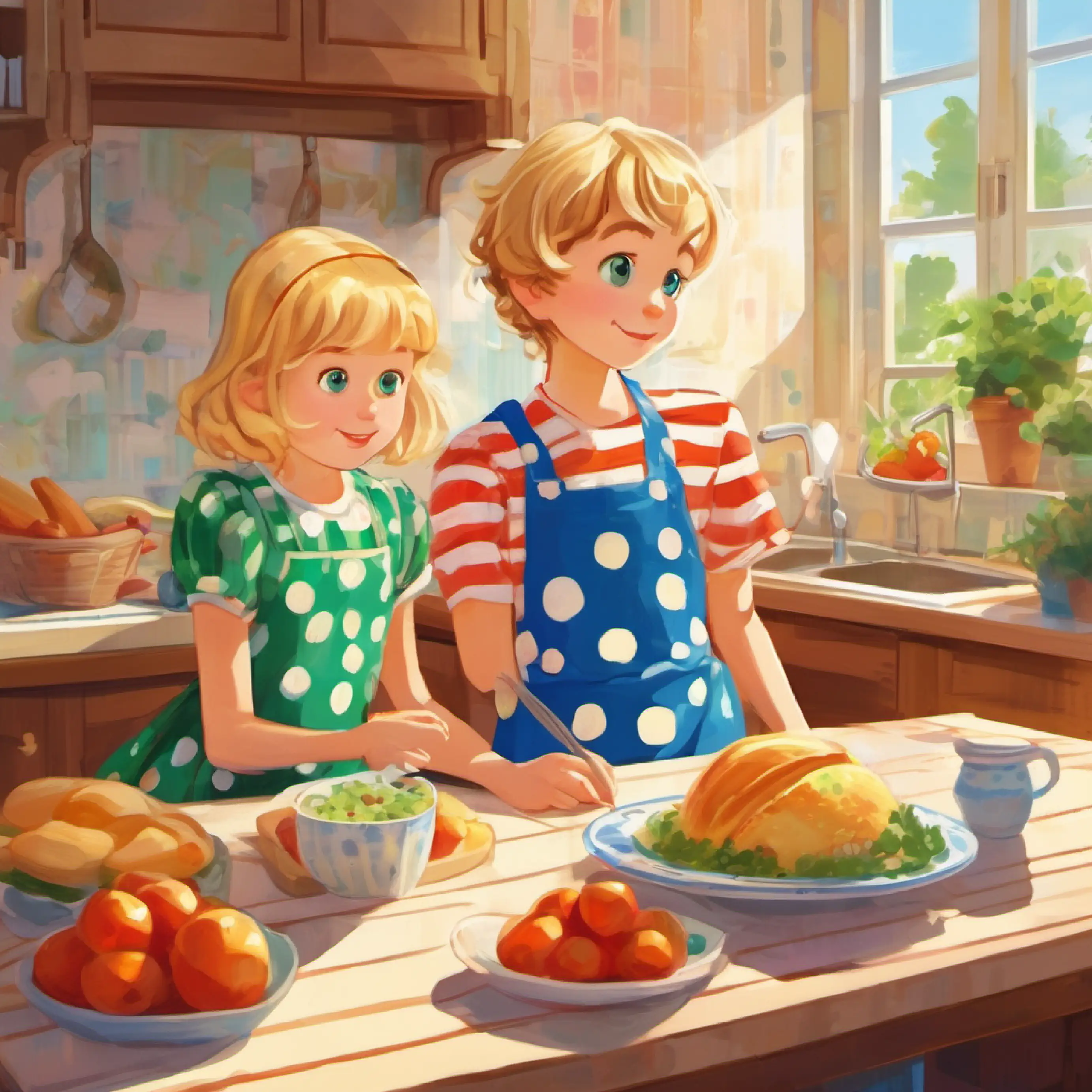 Introduction of Young boy with brown hair and blue eyes, wearing a striped shirt and Young girl with blonde hair and green eyes, wearing a polka-dot dress at the kitchen table with food.