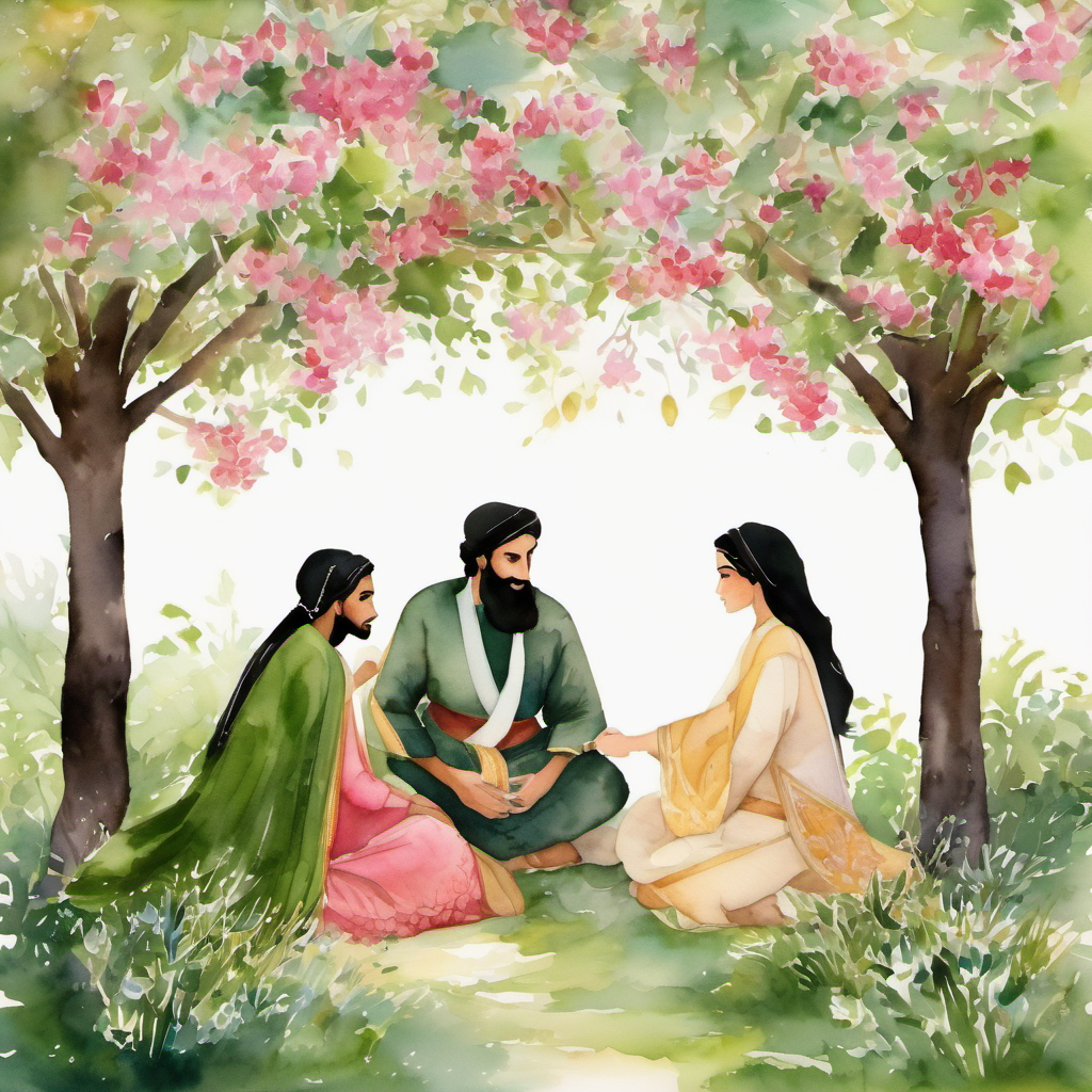 Following the elder's advice, Ali gathered Amara and Aisha together in a peaceful garden under a blossom-filled tree. He spoke from his heart, expressing his deep love and asking for their understanding and support. With sincerity, he asked if they would be open to explore the possibility of forming a harmonious bond. Amara and Aisha were taken aback at first. It was an uncommon idea, but they saw the affection in Ali's eyes and understood the purity of his intentions. Together, they agreed to give this unique relationship a chance, promising always to support and respect one another.