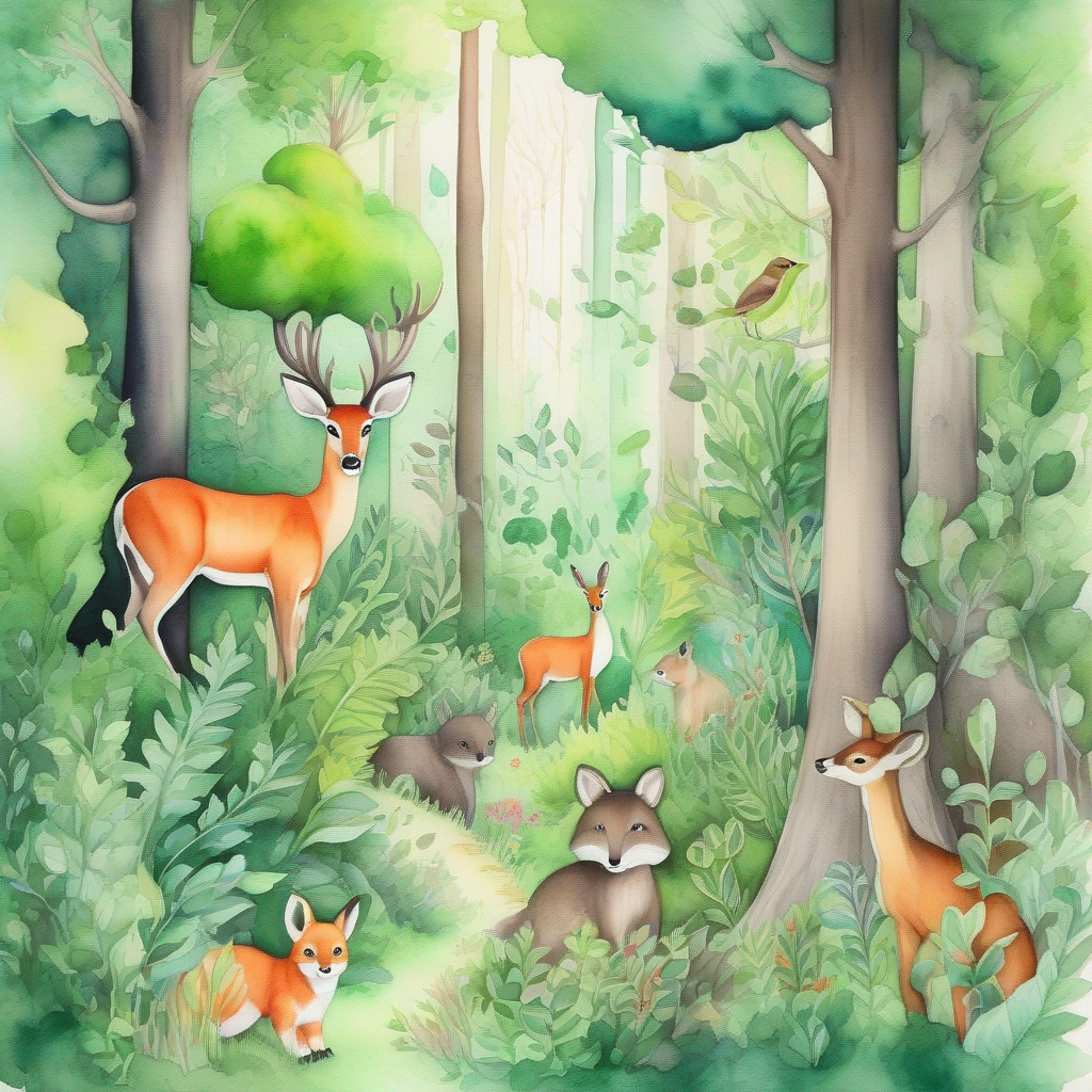 A dense forest with vibrant green trees and curious animals.