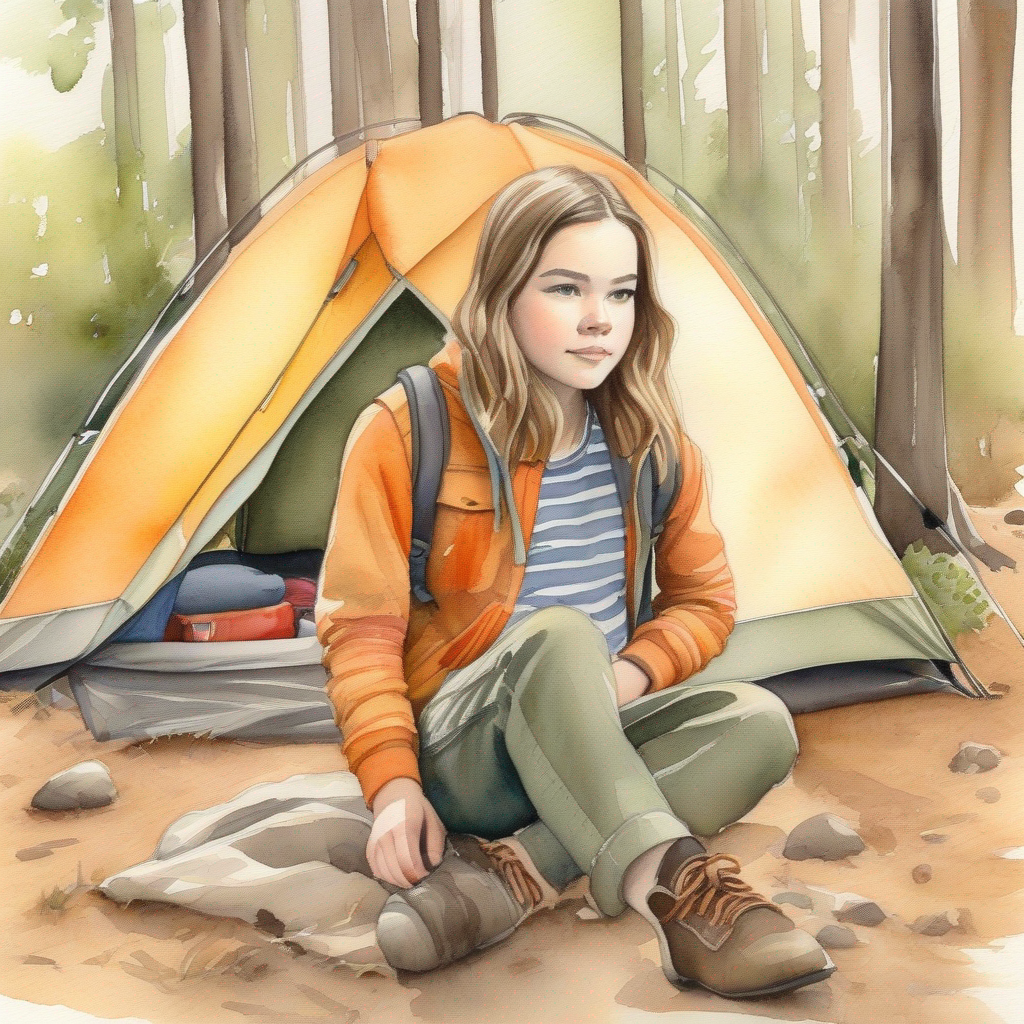 A determined girl named A determined girl camping near the grove, wearing earthy colors. camping near the grove.