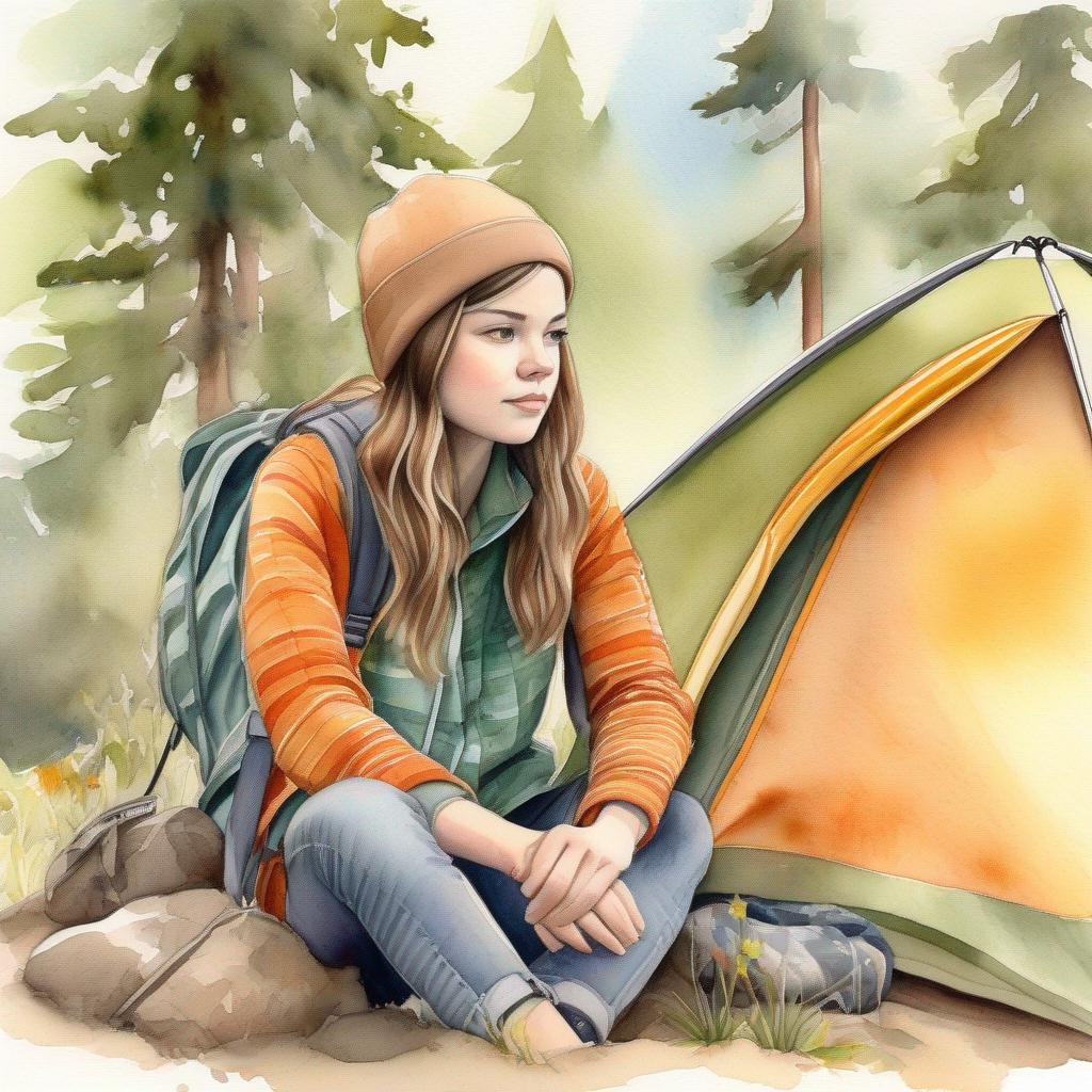 A determined girl camping near the grove, wearing earthy colors. persevering through doubt and boredom with patience.