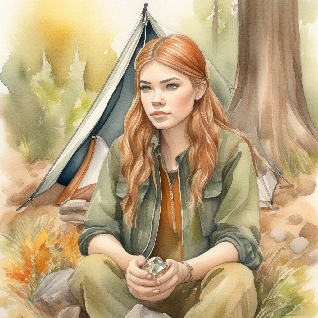 A determined girl camping near the grove, wearing earthy colors. holds the crystal and vows to protect the grove.