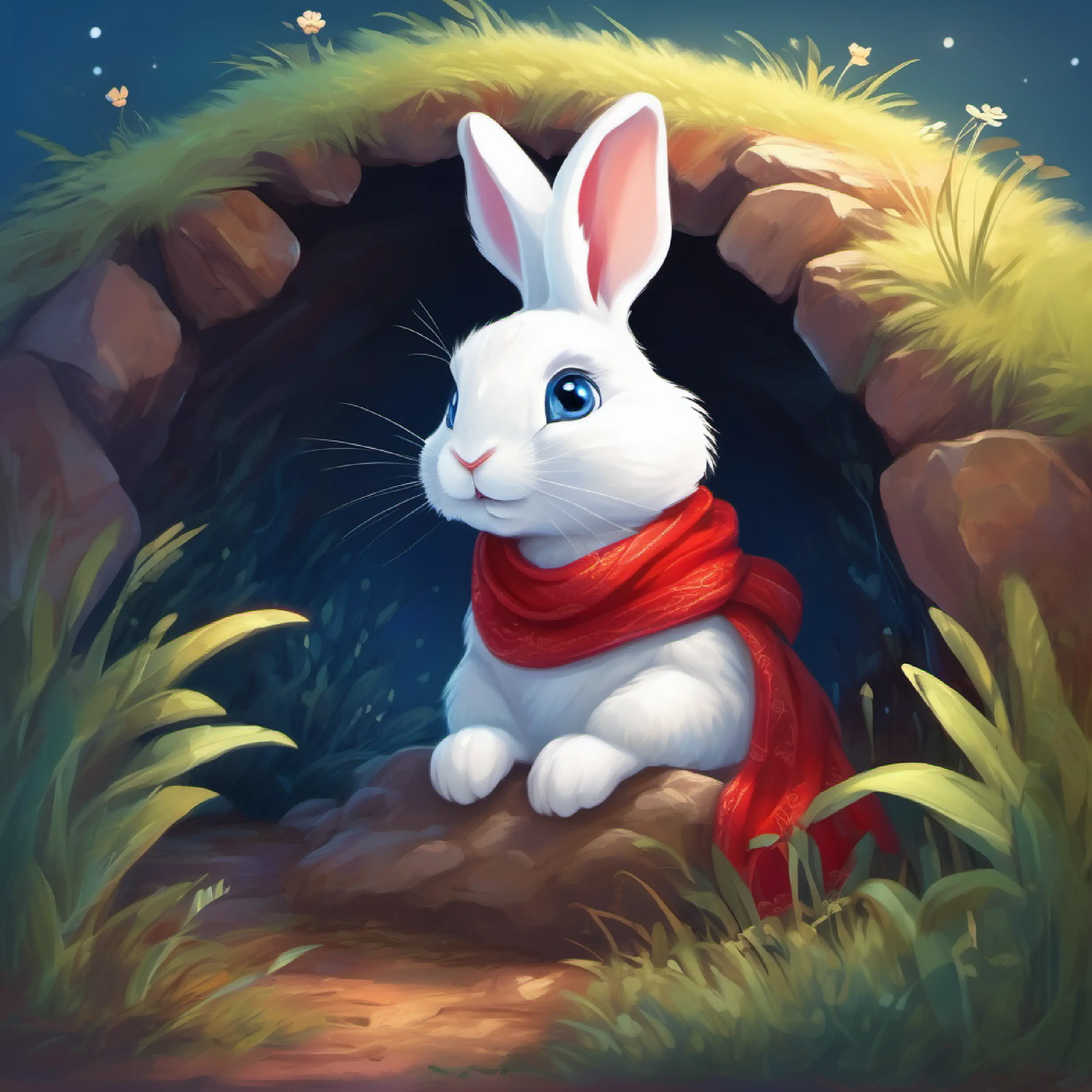 Introducing Small white rabbit with twinkling blue eyes and a red scarf the rabbit, in her cosy burrow, dreaming of adventure.