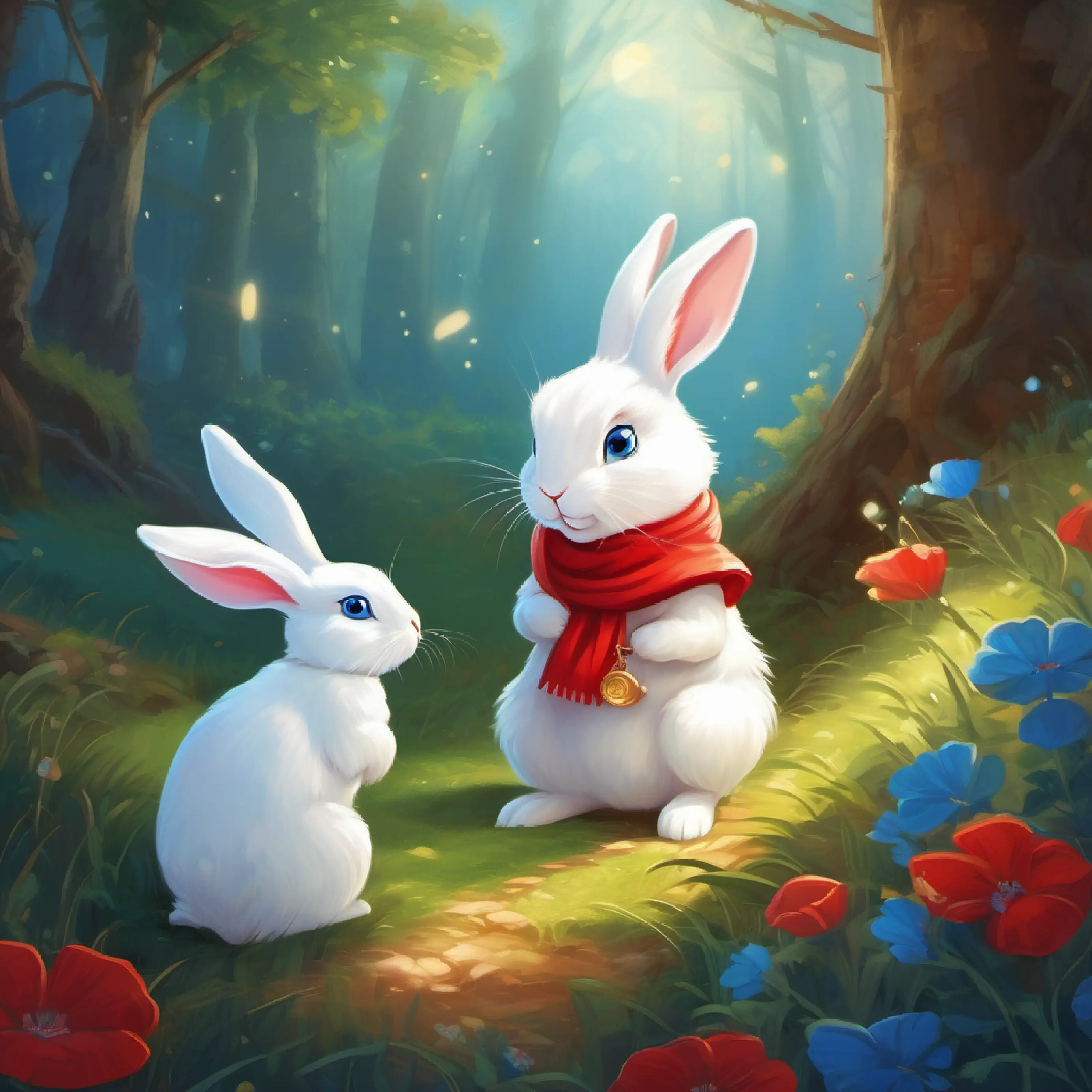 Small white rabbit with twinkling blue eyes and a red scarf hears about a hidden treasure and is intrigued by the challenge.