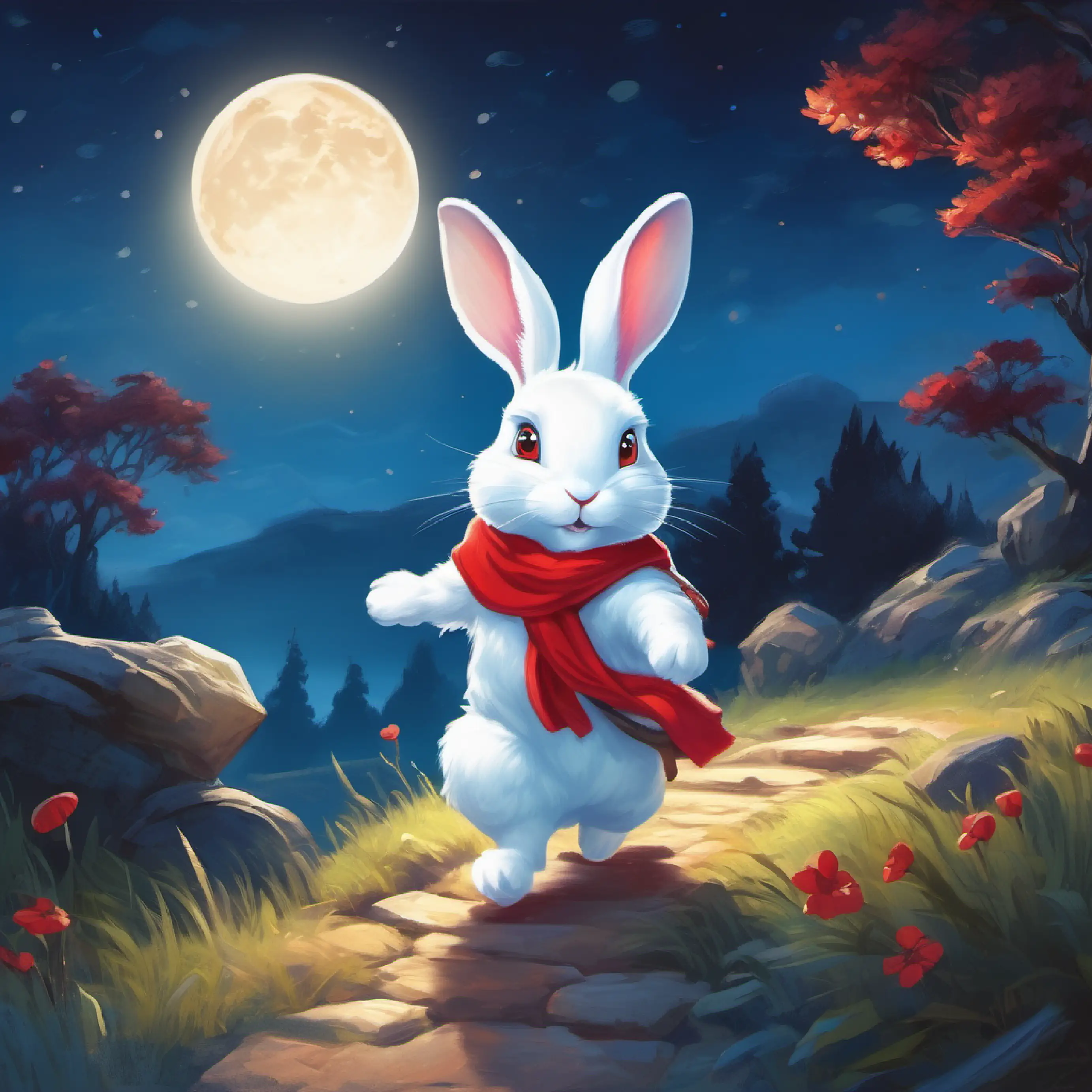 Small white rabbit with twinkling blue eyes and a red scarf decides to go on a treasure hunt under the full moon.