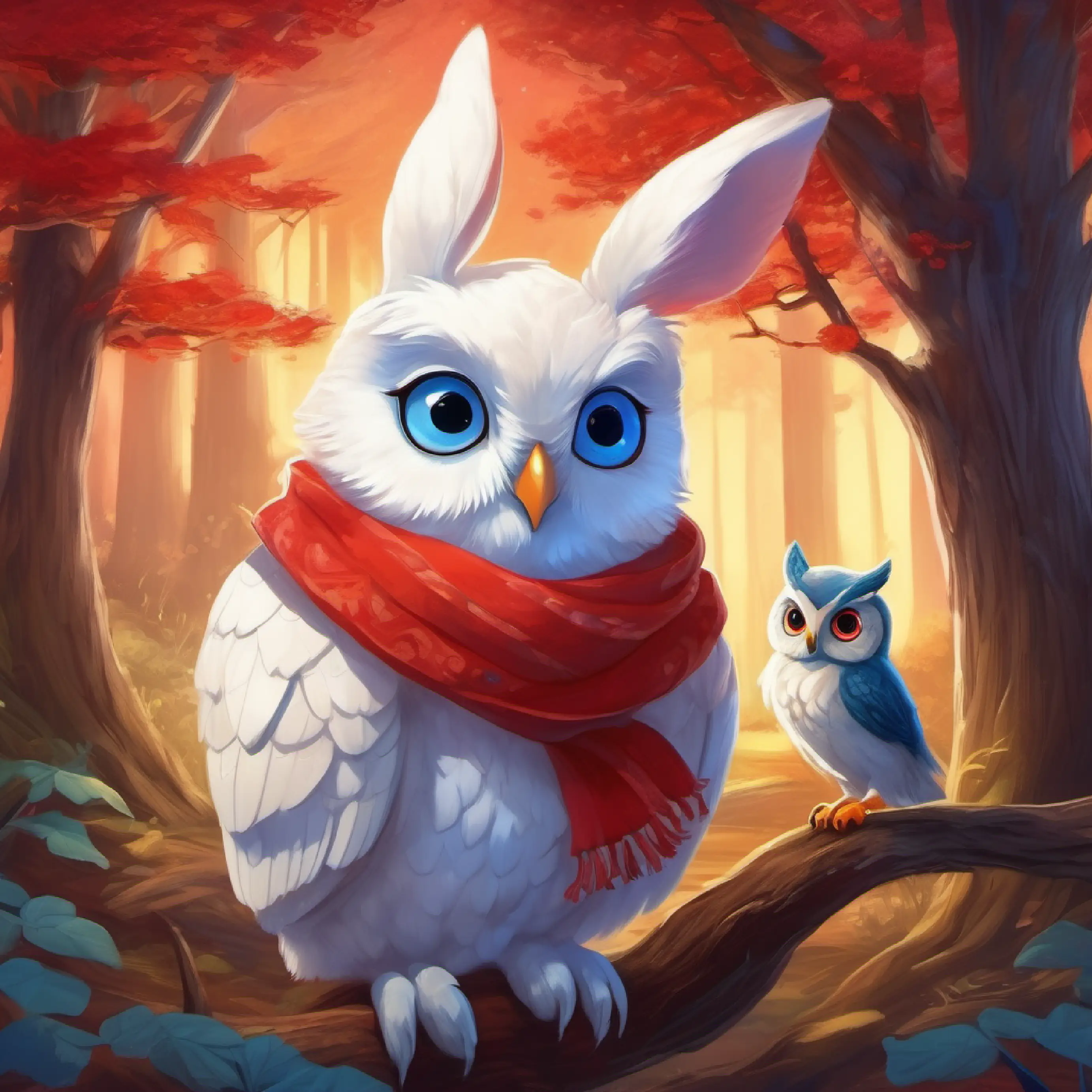 Small white rabbit with twinkling blue eyes and a red scarf meets Wise old owl with a warm twinkle in his eyes the owl and shares her treasure-hunting plans.