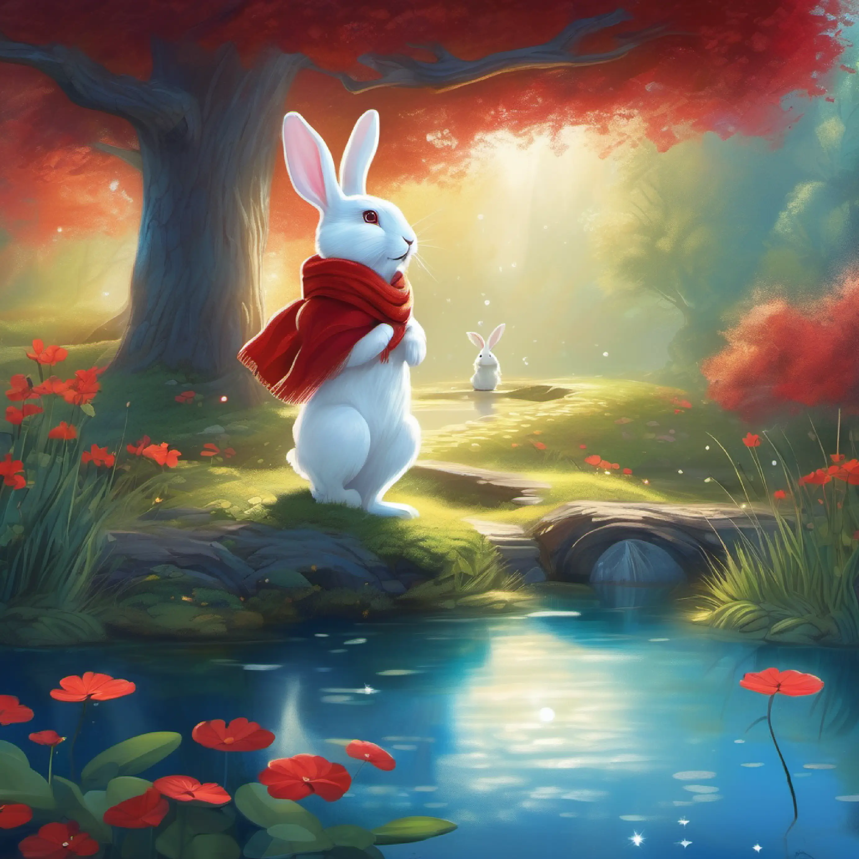 Small white rabbit with twinkling blue eyes and a red scarf finds her first clue at a shimmering pond and follows it to a tall tree.