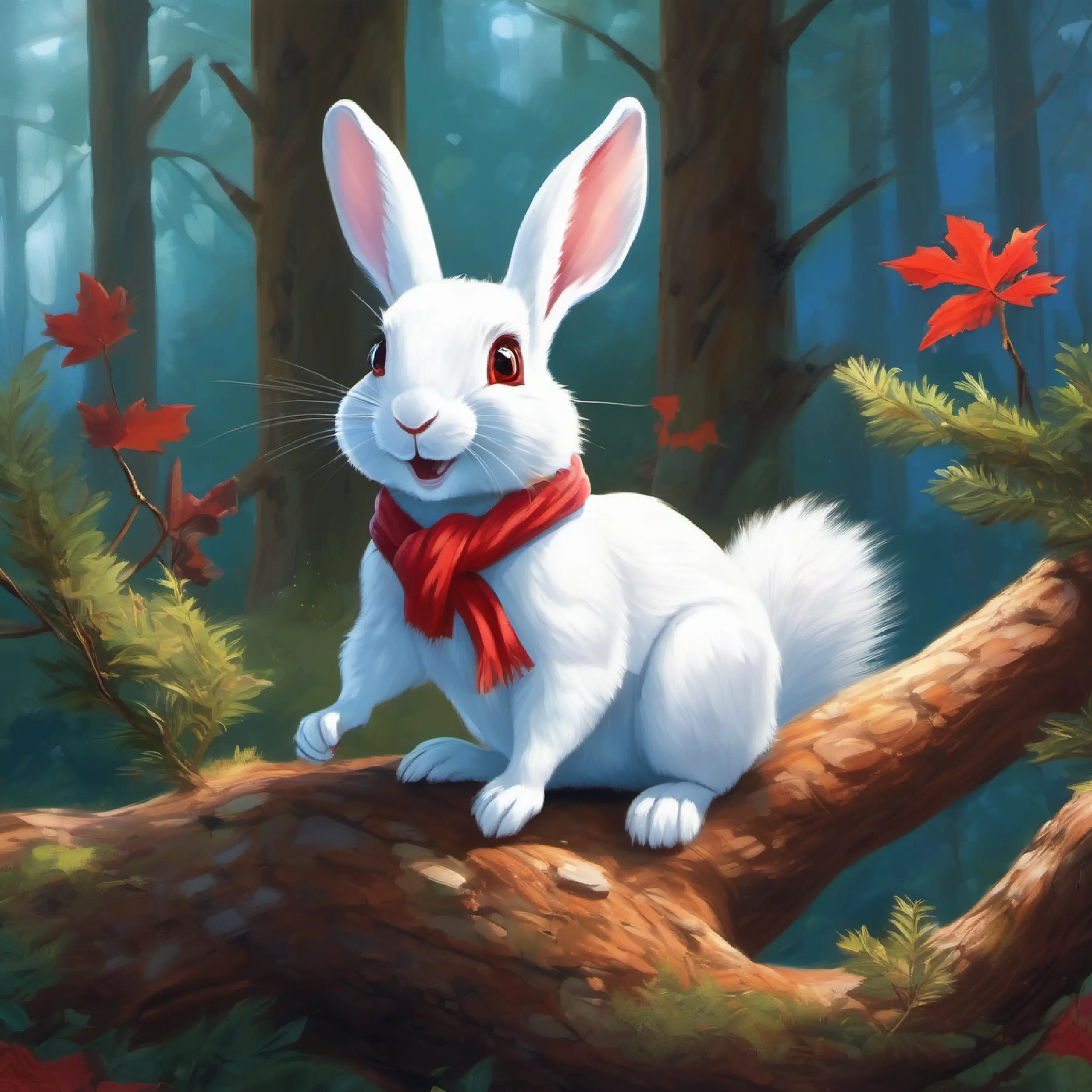 Small white rabbit with twinkling blue eyes and a red scarf asks musical squirrels for help and is directed to climb the tree.