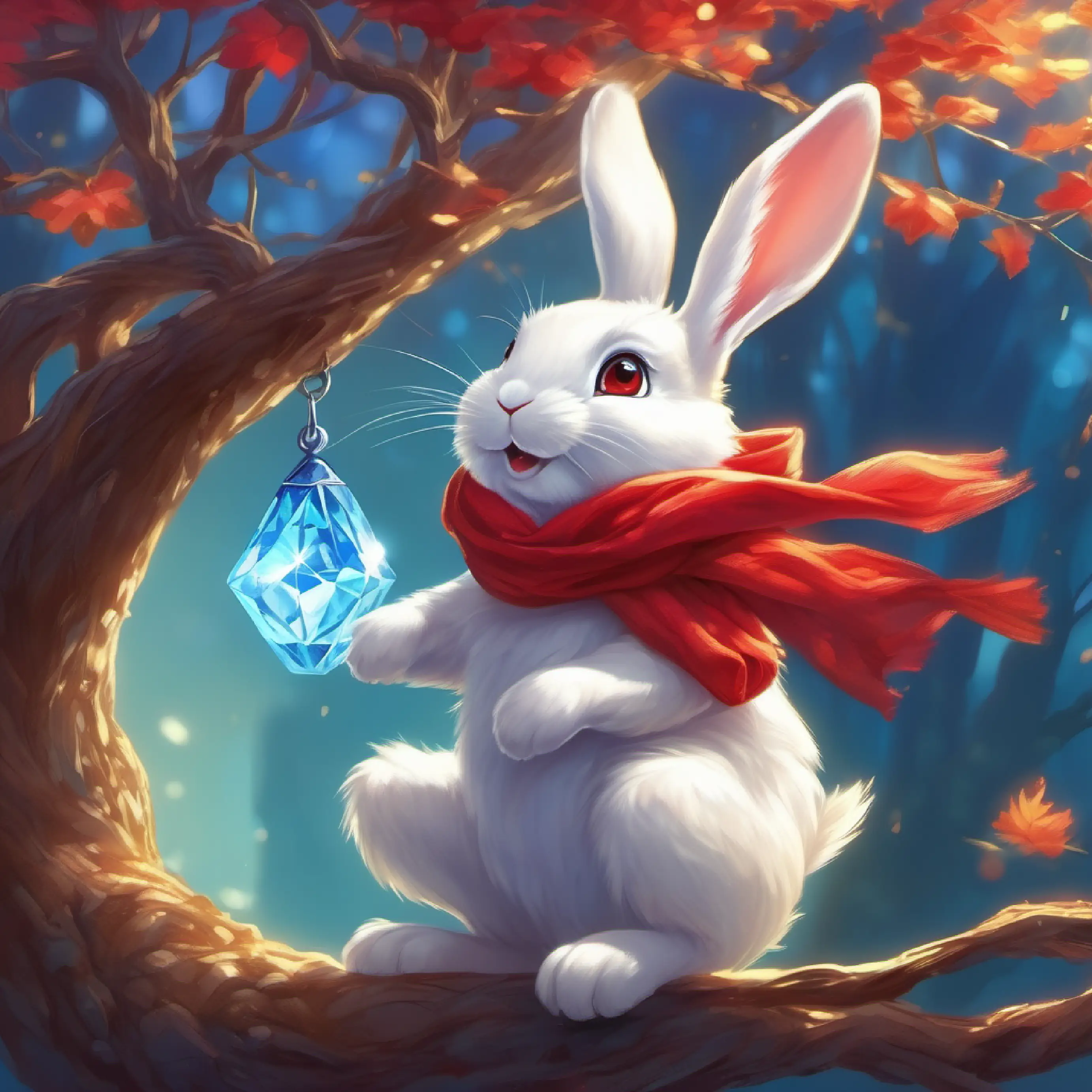 Small white rabbit with twinkling blue eyes and a red scarf climbs the tree, finds the sparkling treasure crystal, and gets it safely.