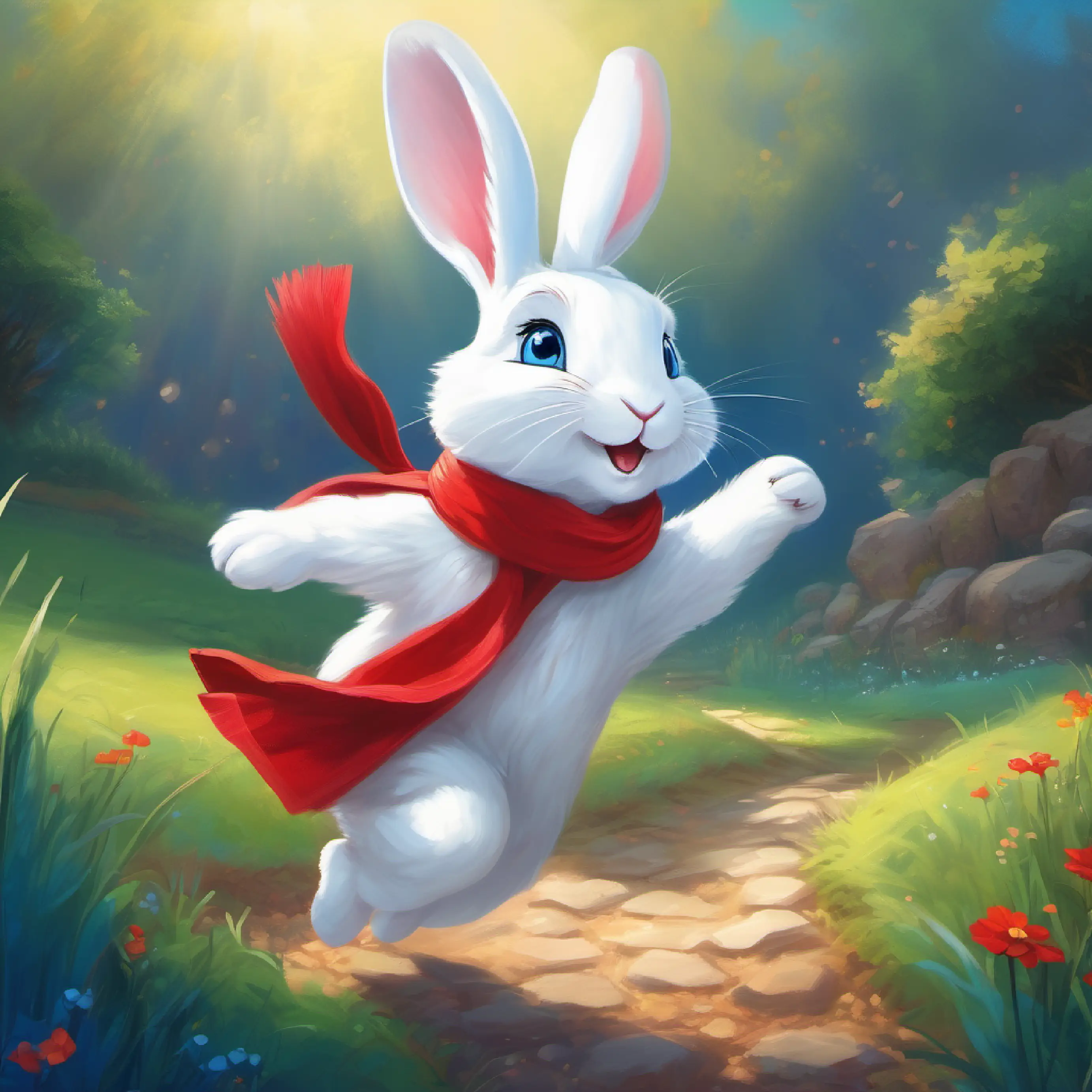 Small white rabbit with twinkling blue eyes and a red scarf returns to the ground and celebrates with friends, valuing her journey.