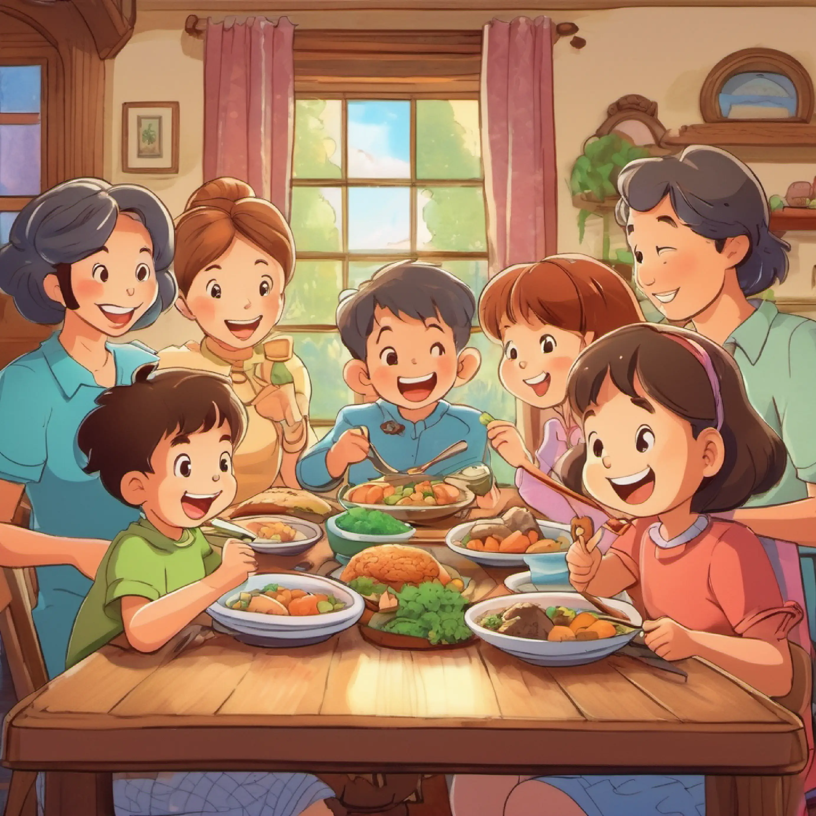 The family enjoys a hearty meal together, sharing joy and laughter.
