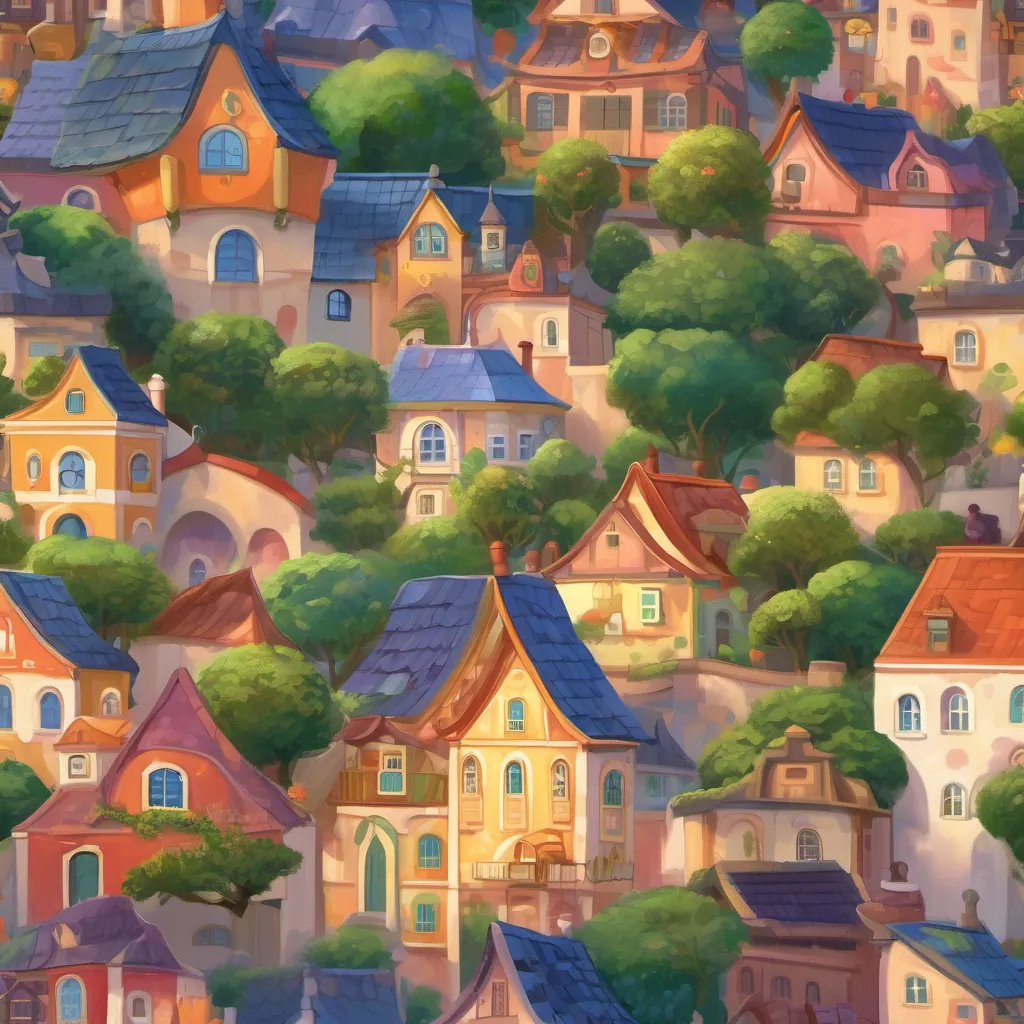 A cute, whimsical town with colorful houses and a twinkling sky; a cheerful, curious boy named A curious and lively boy with twinkling eyes, short curly hair, and a sense of wonder.