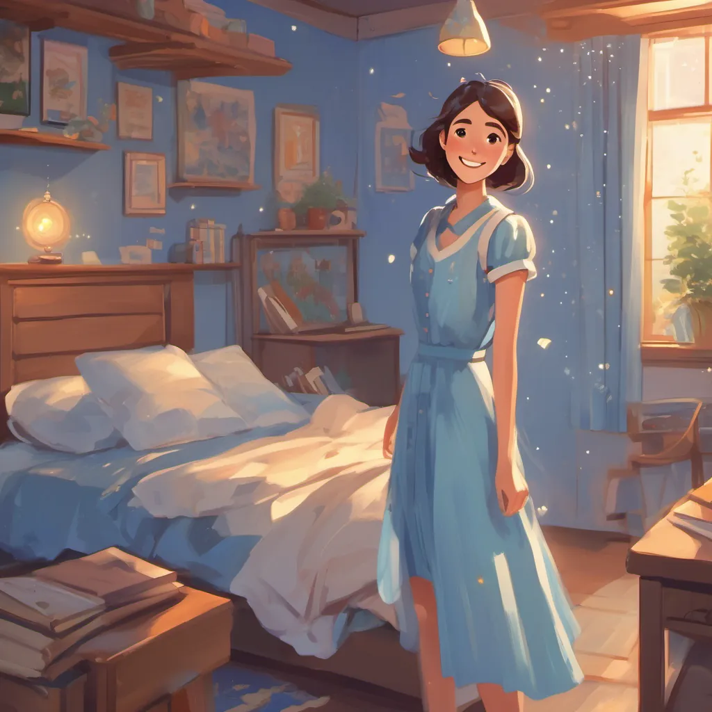 A tall young girl with a sense of adventure and athleticism, wearing her favorite blue dress and a sparkling smile on her first day of college waking up in her dorm bed with twinkling eyes and a hopeful expression.