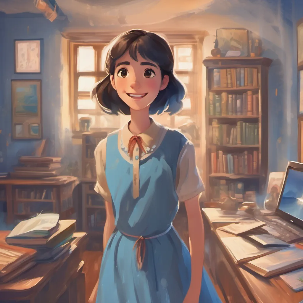 A tall young girl with a sense of adventure and athleticism, wearing her favorite blue dress and a sparkling smile on her first day of college watching horror and crime movies, feeling both scared and thrilled.