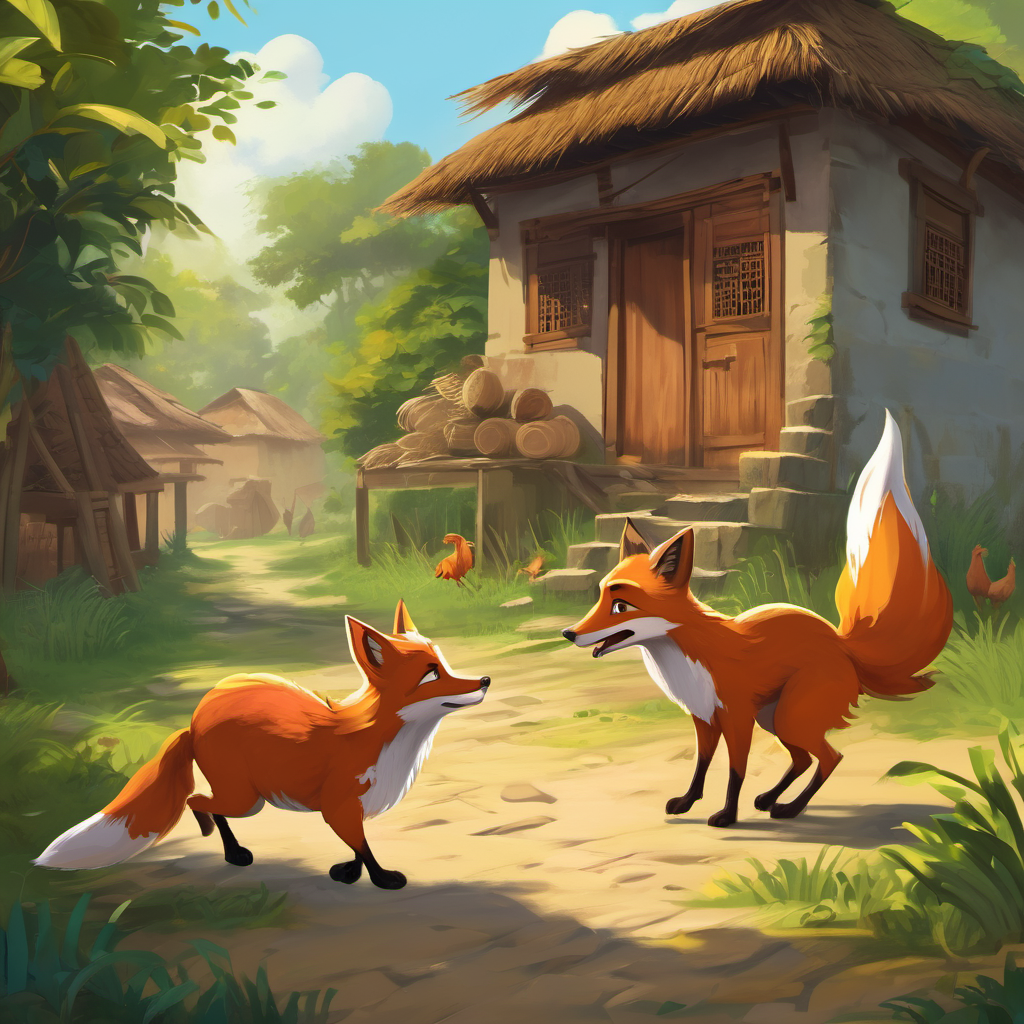 Once upon a time, in a small village in Bangladesh, there lived a mischievous fox named Shayal. Shayal loved to play pranks on the villagers and make them laugh. The villagers, especially the old Lady Nani Buri, found Shayal's antics quite amusing. One sunny day, Shayal was strolling through the village when he saw a group of chickens gathered in a circle. They were clucking and hopping around, as if they were dancing. Shayal's curious nature couldn't resist, so he cautiously approached them.