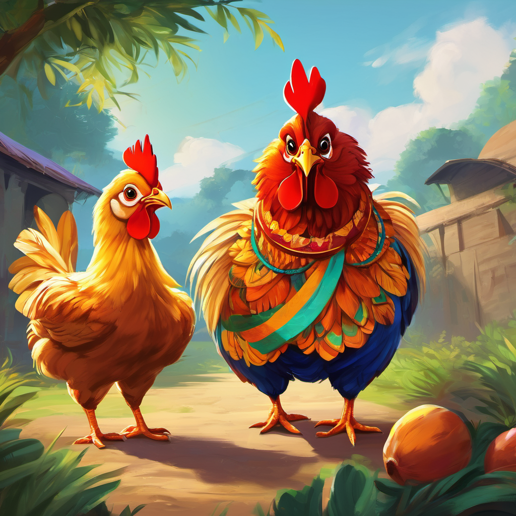 To Shayal's surprise, he discovered that the chickens were actually dancing to the rhythm of a traditional Bangladeshi song. The leader of the dancing chickens was a clever and talented chicken called Murgi. Murgi had a feathery costume filled with vibrant colors that made her stand out from the rest. Shayal couldn't help himself and burst into laughter. Murgi, though a little startled, approached Shayal gracefully. "Why are you laughing, Shayal? Would you like to join us in the dance festival?" she asked with a curious smile.