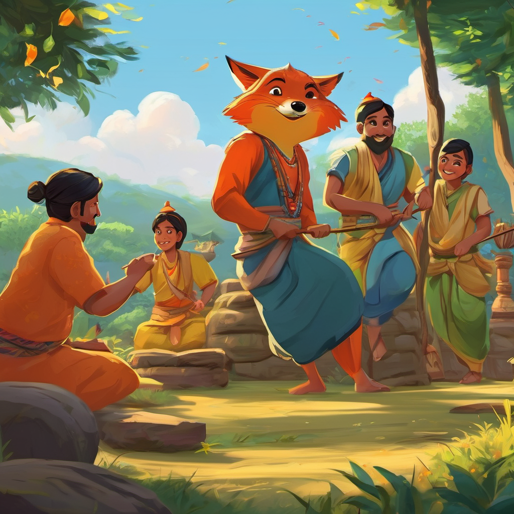 And so, the preparations for the festival began. Every day, as the sun set, Khokon, Murgi, and Shayal would gather in a clearing near the village. Nani Buri would sit on a wooden stool, cheering them on with her wise words. With every passing day, Shayal's dance moves improved, and his laughter echoed through the village. The villagers, who were used to Shayal's pranks, were stunned to see how gracefully he moved. They couldn't help but giggle at the sight of a fox belly-flopping and twirling with Murgi and Khokon.