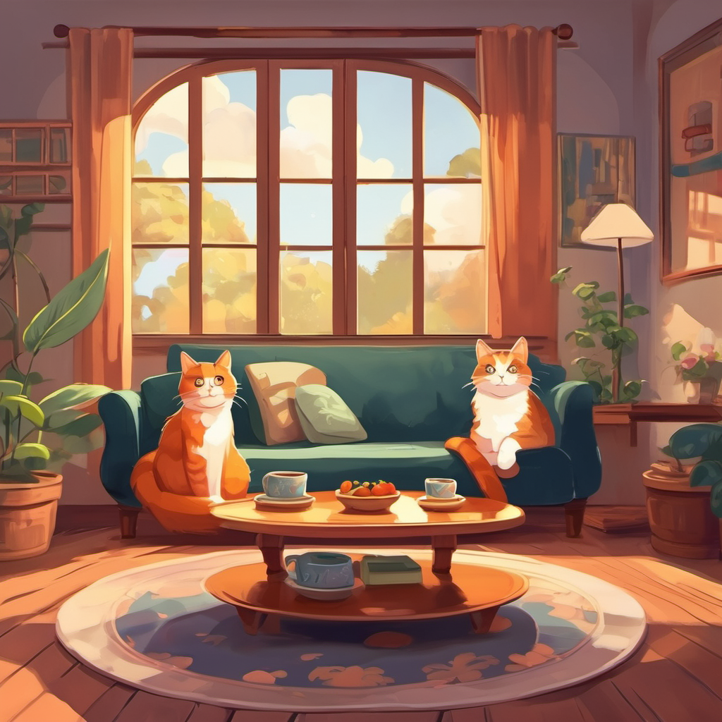 Two cats sitting in a cozy living room