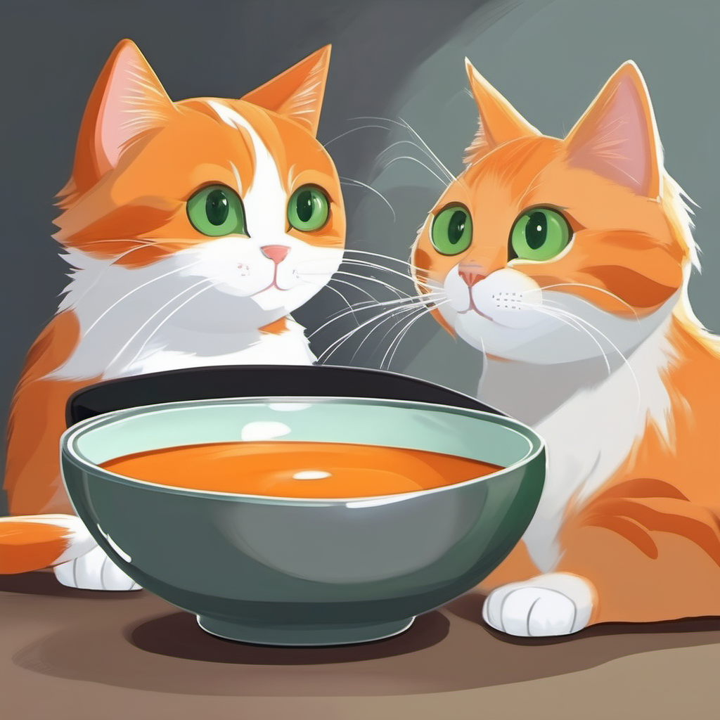 Orange cat with big green eyes and a white belly meowing at Gray cat with soft fur and white paws, pointing at an empty bowl