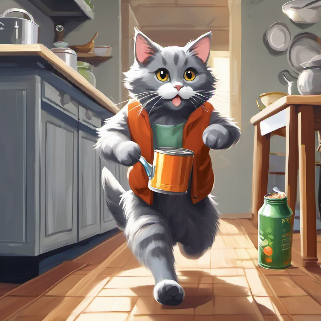 Gray cat with soft fur and white paws running to the kitchen, holding a can of tuna