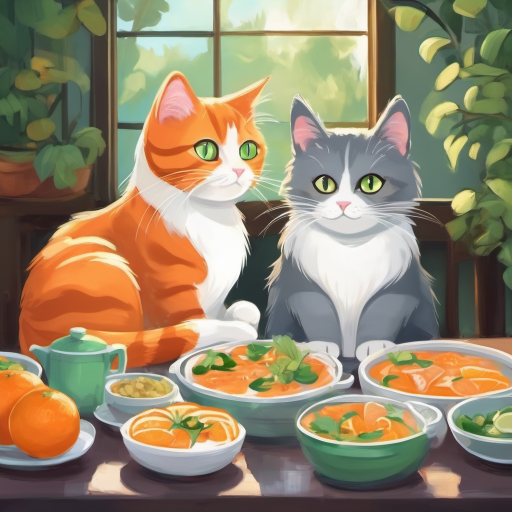Orange cat with big green eyes and a white belly and Gray cat with soft fur and white paws enjoying their meal together