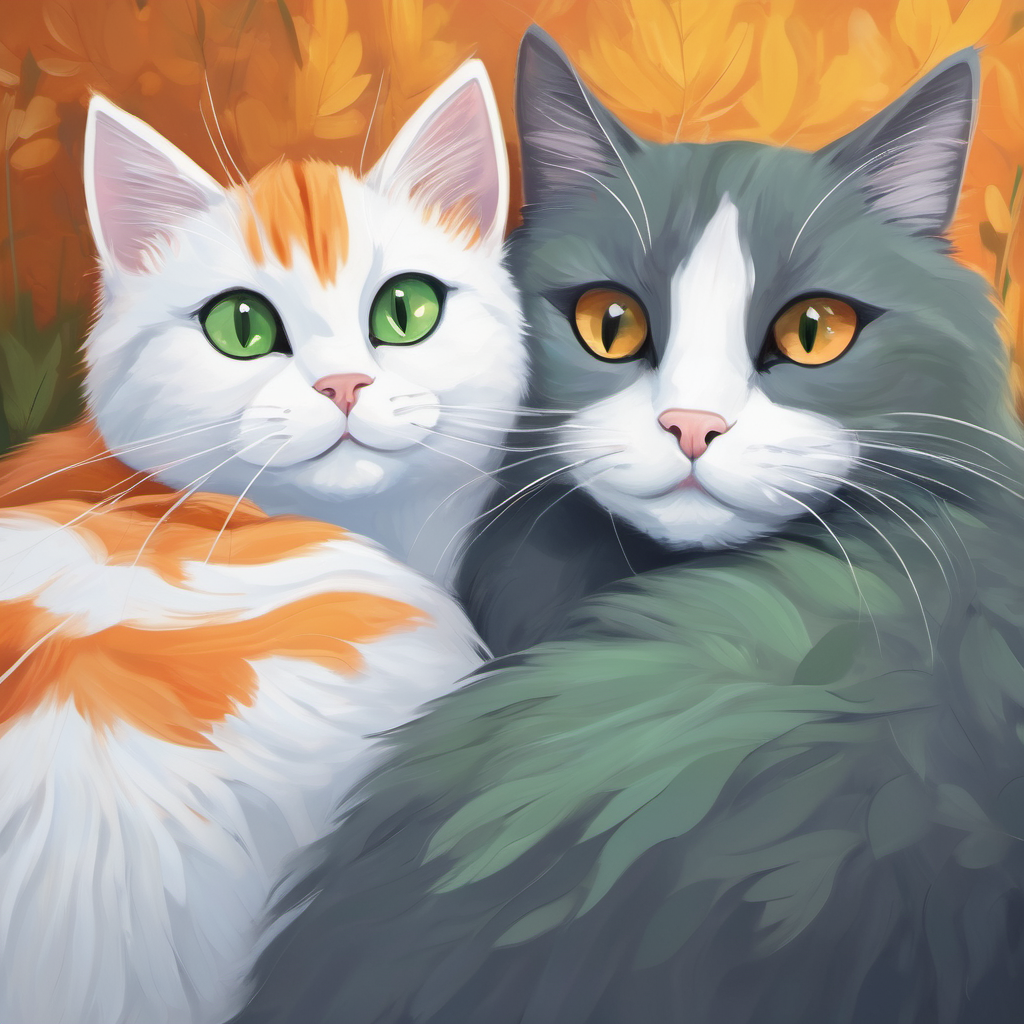 Orange cat with big green eyes and a white belly and Gray cat with soft fur and white paws snuggling together with smiles on their faces