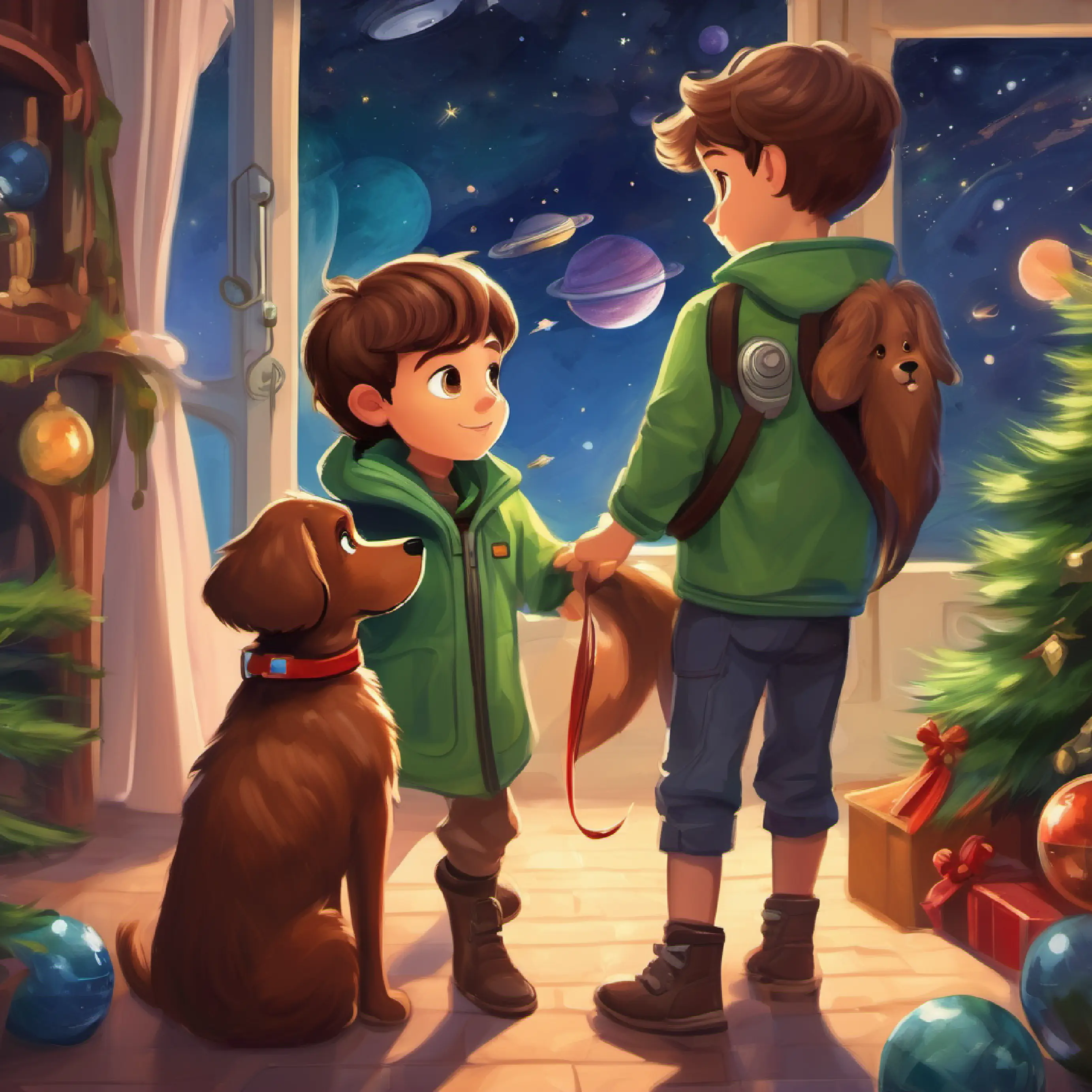Curious boy with brown hair, green eyes and Loyal dog with floppy ears, brown fur prepare for their space adventure, getting ready to explore a new planet.