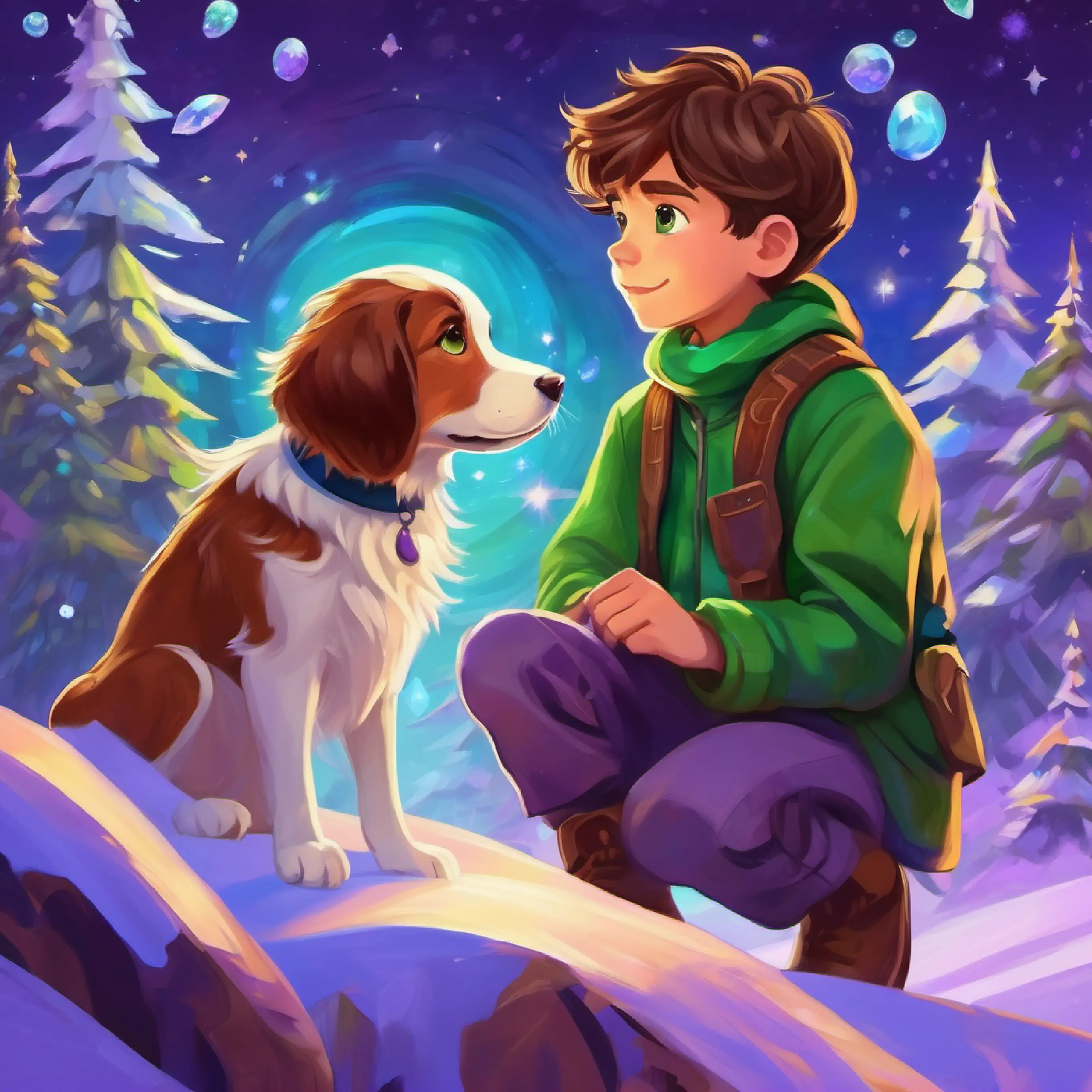 Curious boy with brown hair, green eyes and Loyal dog with floppy ears, brown fur land on the purple planet, amazed by its beauty and crystals.