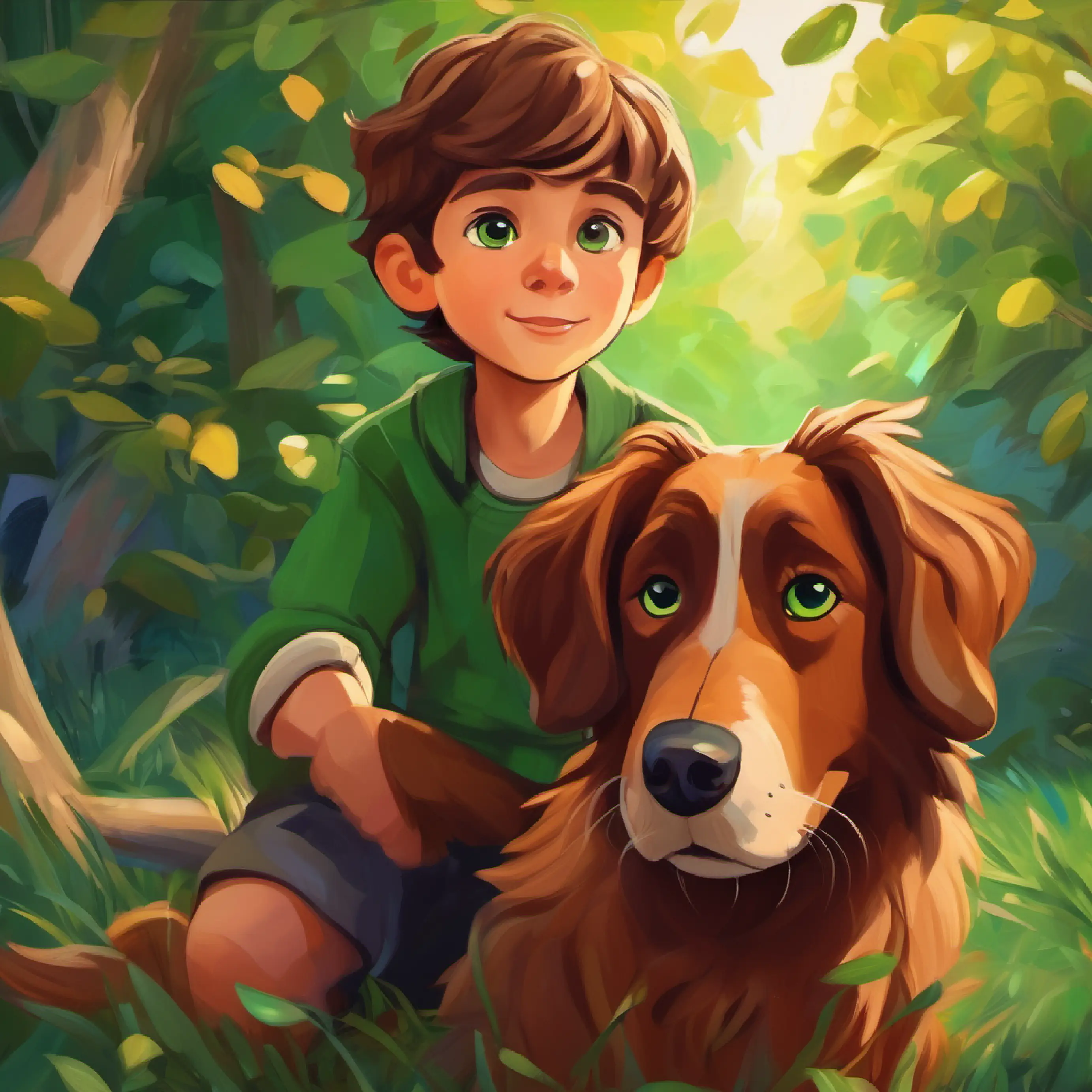 Curious boy with brown hair, green eyes and Loyal dog with floppy ears, brown fur make friends with the Zorblites, discovering their unique appearance.