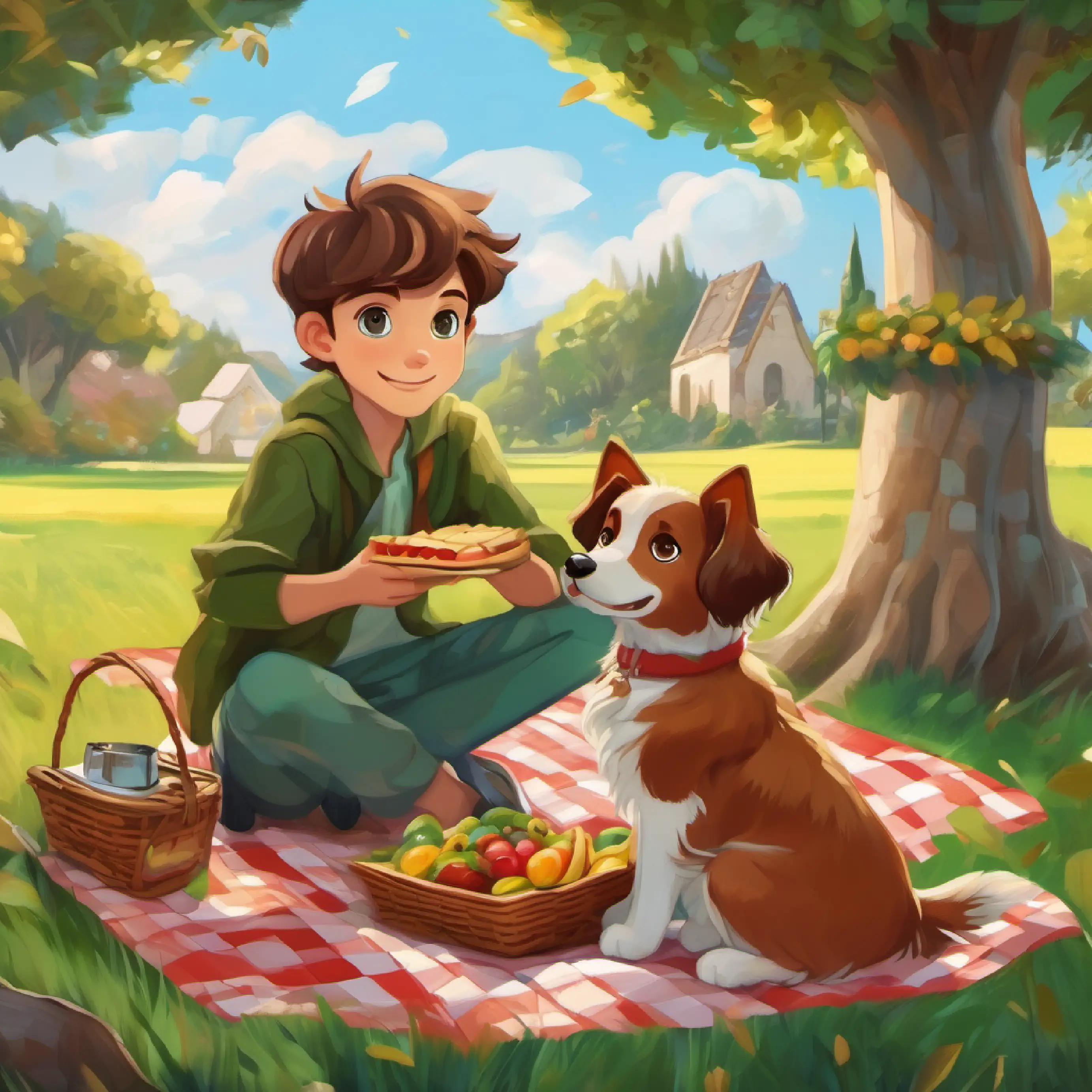 Curious boy with brown hair, green eyes and Loyal dog with floppy ears, brown fur enjoy a picnic with the Zorblites and learn about their culture.