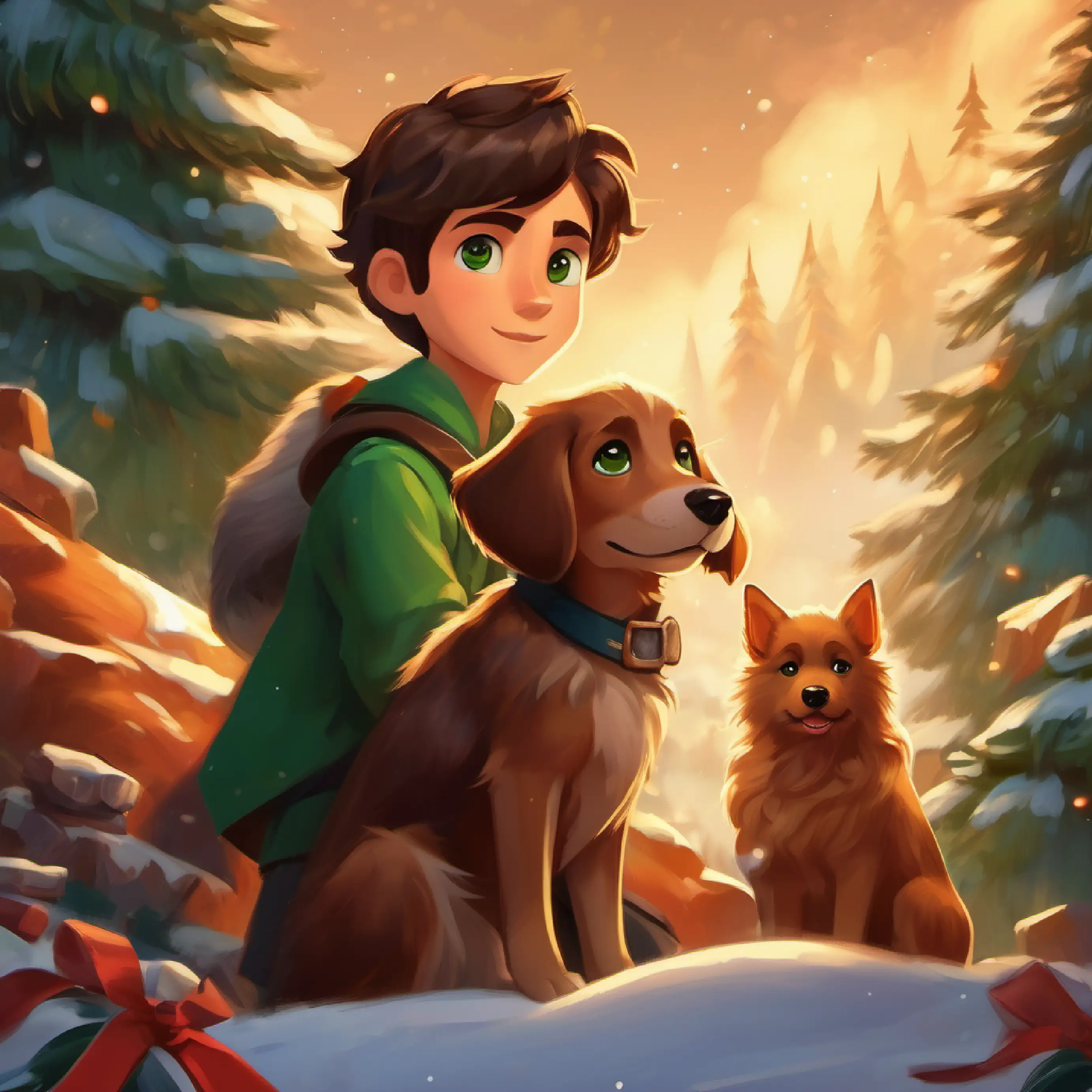 Curious boy with brown hair, green eyes, Loyal dog with floppy ears, brown fur, and the Zorblites work together to build shields and protect their homes.