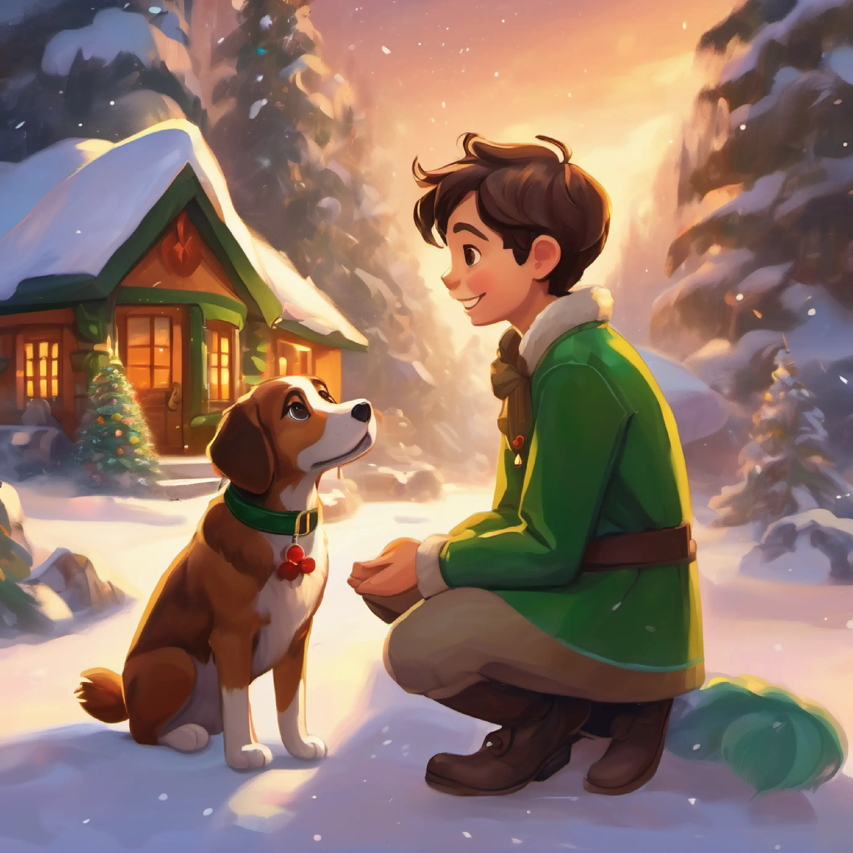 The Zorblites express gratitude by offering Curious boy with brown hair, green eyes and Loyal dog with floppy ears, brown fur a beautiful crystal.