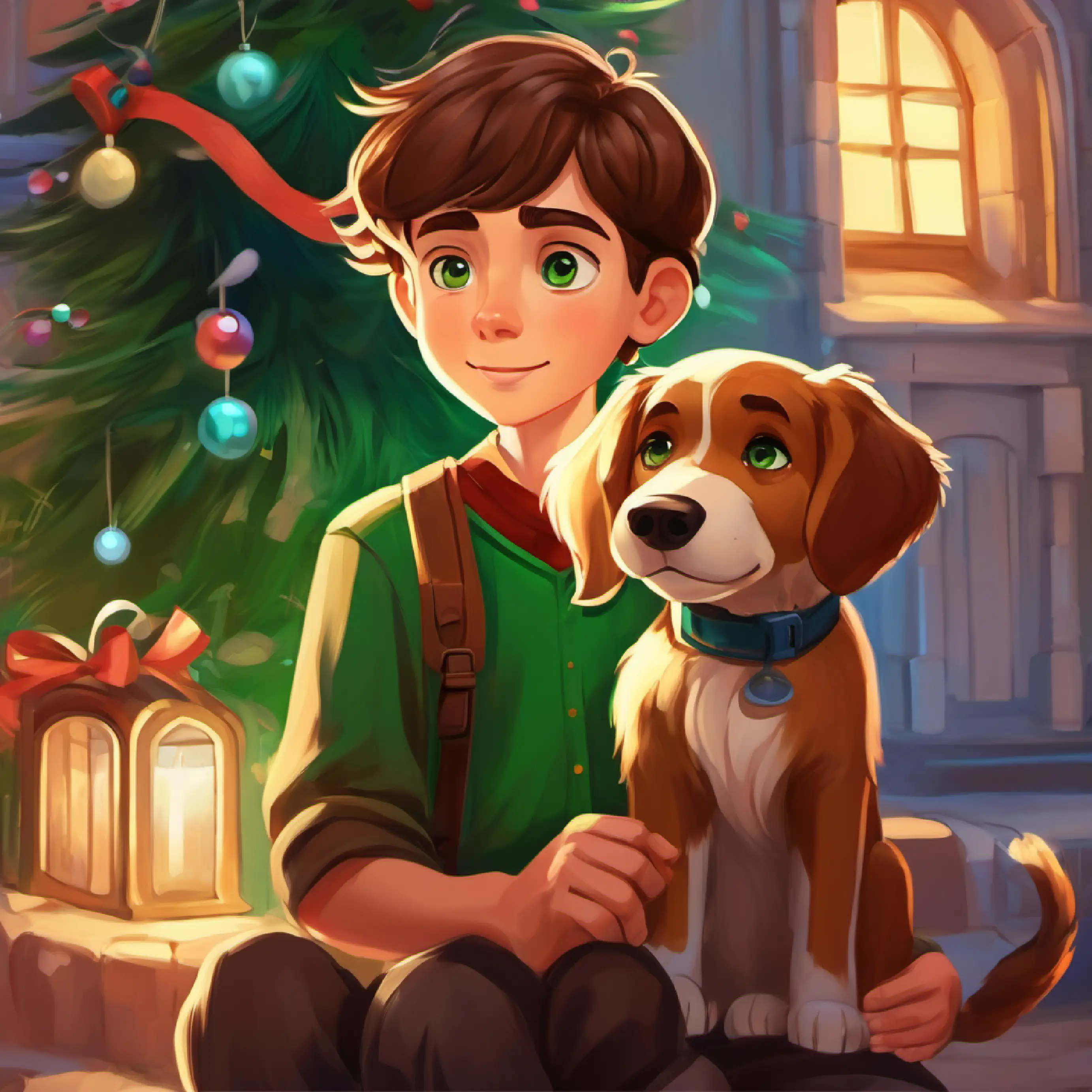 Curious boy with brown hair, green eyes and Loyal dog with floppy ears, brown fur say goodbye to the Zorblites, looking forward to future adventures.