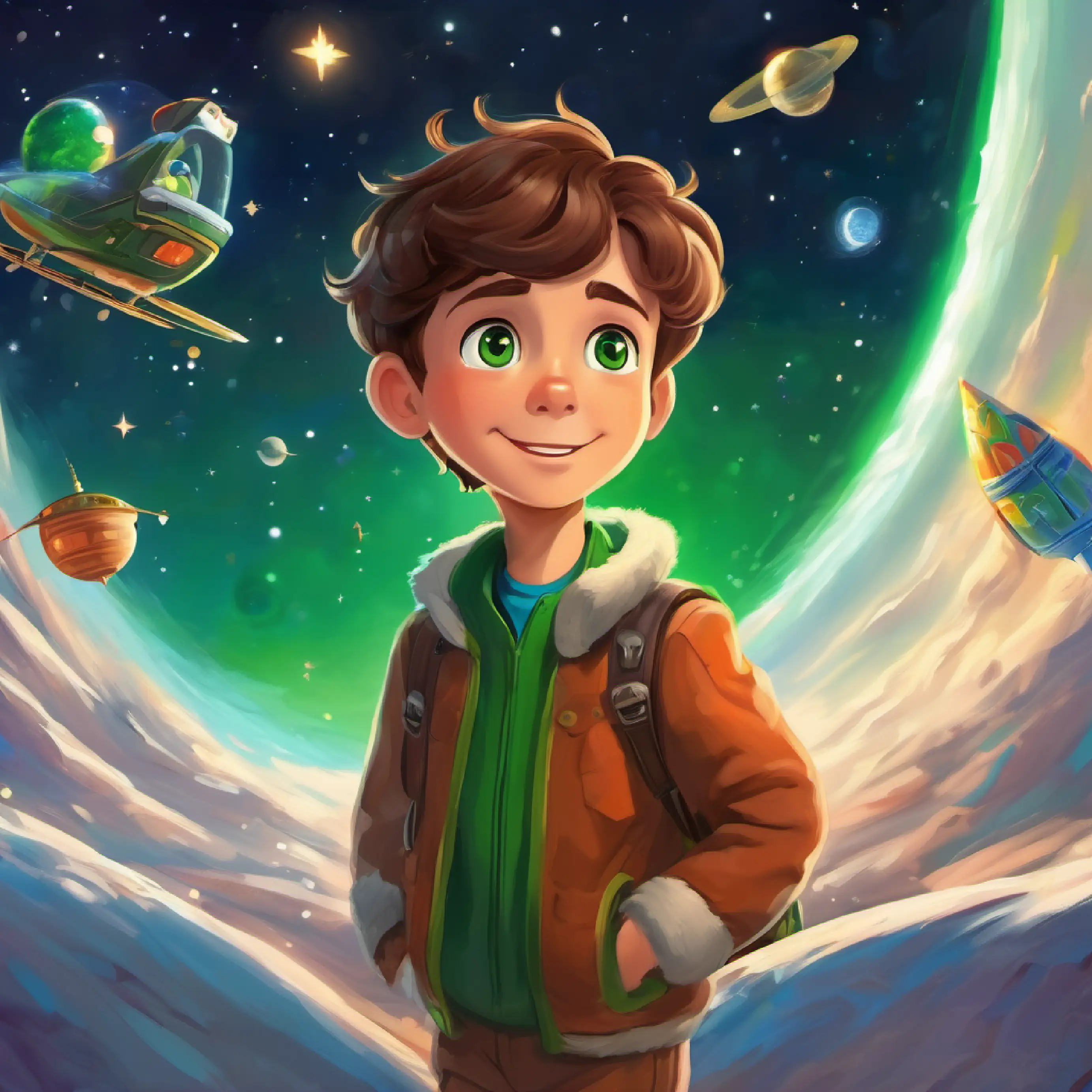 Curious boy with brown hair, green eyes arrives back on Earth, eager to share his exciting space adventure with his family.