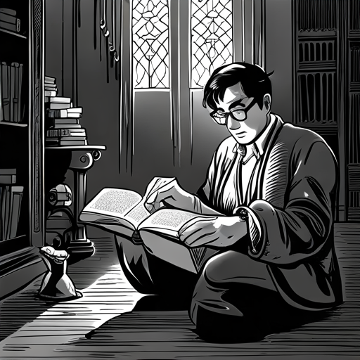 Peter reading books in the dim light of the well