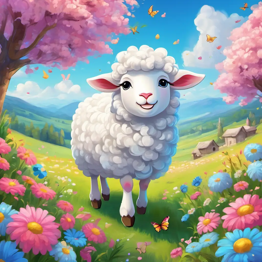 Fluffy white sheep with curly horns, pink nose, bright eyes and Fluffy white sheep with curly horns, blue ribbon around neck, cheerful smile are fluffy white sheep with curly horns, bouncing around a colorful meadow filled with flowers and butterflies.