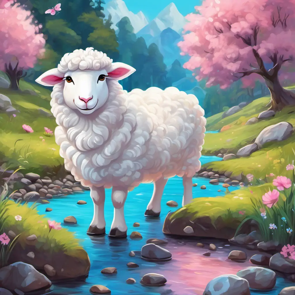 Fluffy white sheep with curly horns, pink nose, bright eyes and Fluffy white sheep with curly horns, blue ribbon around neck, cheerful smile frolicked in a clear, babbling stream, with shiny pebbles and dragonflies all around.