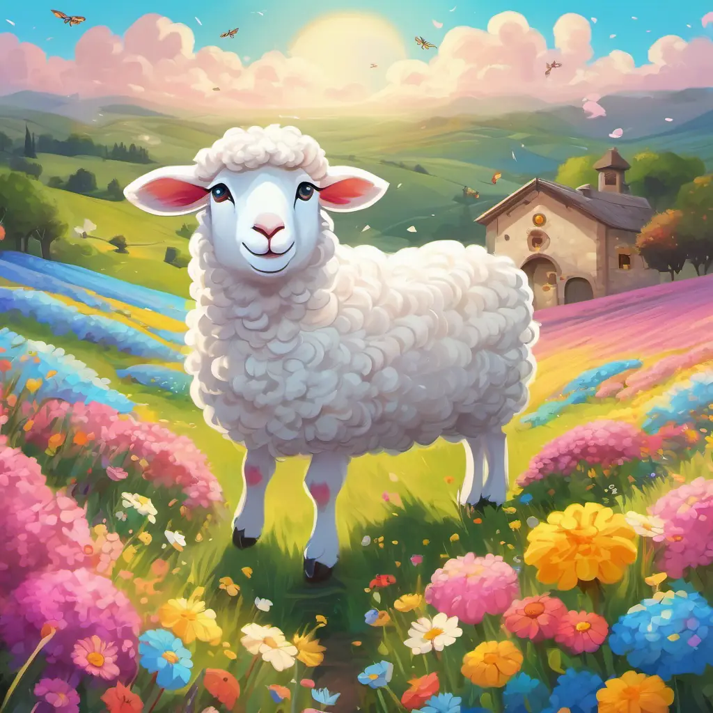 Fluffy white sheep with curly horns, pink nose, bright eyes and Fluffy white sheep with curly horns, blue ribbon around neck, cheerful smile hopped through a field of colorful flowers with bees buzzing and petals fluttering in the breeze.