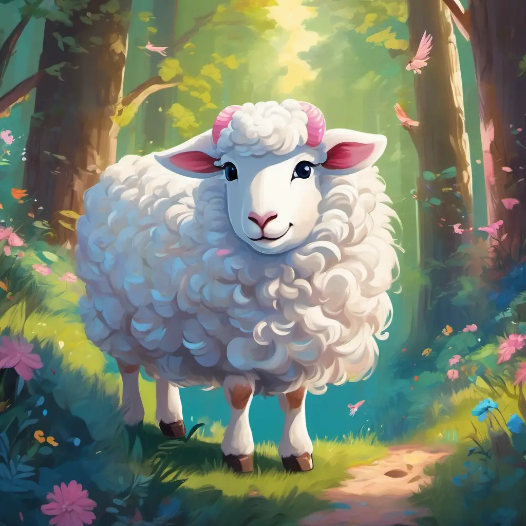 Fluffy white sheep with curly horns, pink nose, bright eyes and Fluffy white sheep with curly horns, blue ribbon around neck, cheerful smile tip-toed through a forest, filled with chirping crickets, flapping birds, and dappled sunlight.