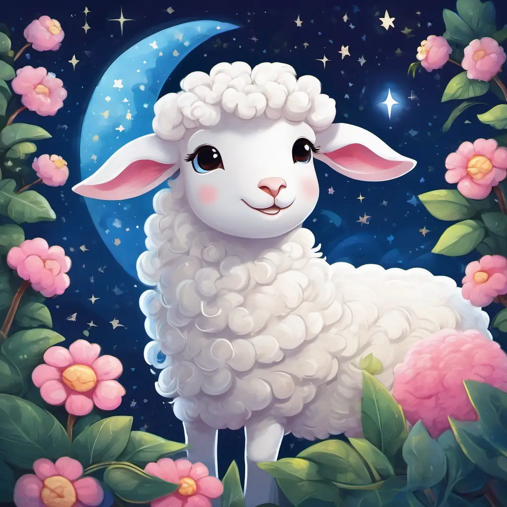 Fluffy white sheep with curly horns, pink nose, bright eyes and Fluffy white sheep with curly horns, blue ribbon around neck, cheerful smile curled up in a snug, leafy nook, under the twinkling stars and a crescent moon.