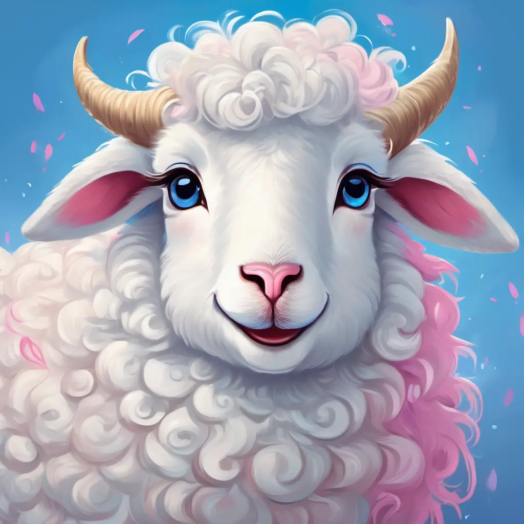 Fluffy white sheep with curly horns, pink nose, bright eyes and Fluffy white sheep with curly horns, blue ribbon around neck, cheerful smile woke up refreshed, already excited for their next playful escapade.