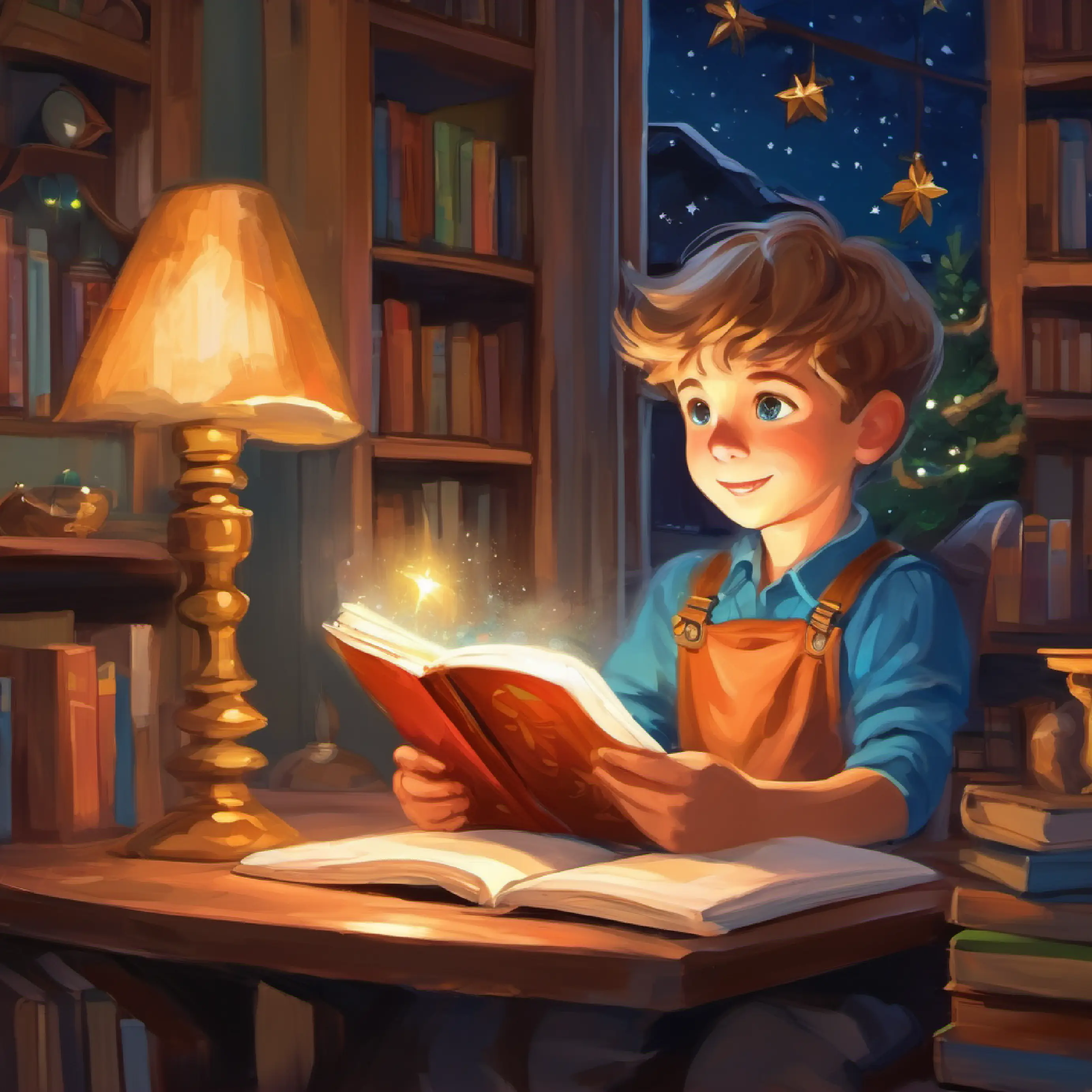 Boy with curious blue eyes and light brown hair, loves reading's nightly routine; he makes a special wish.