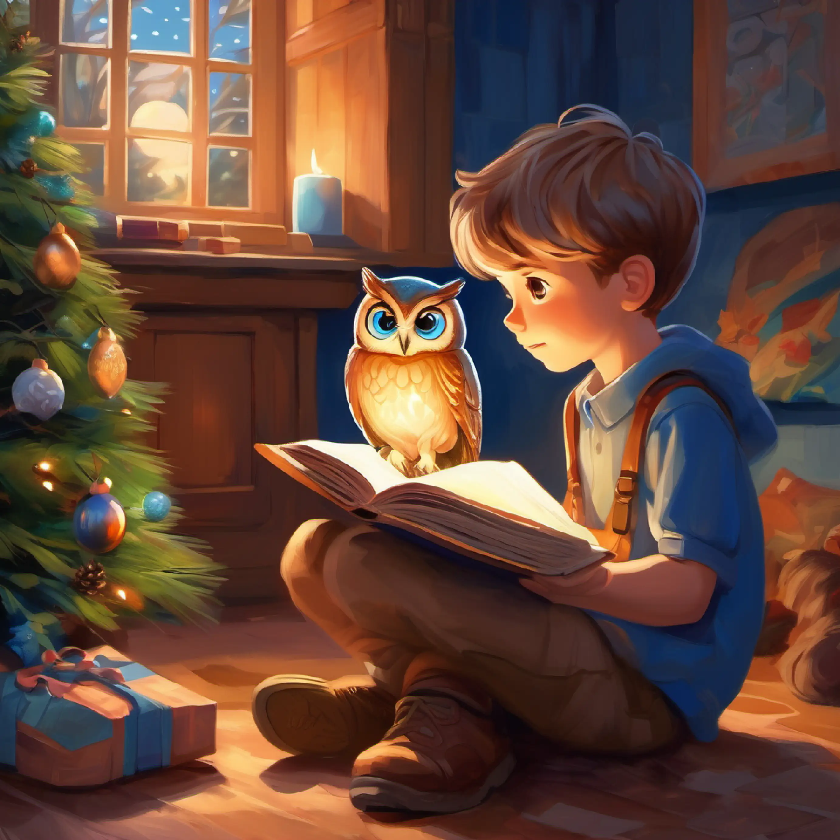 Boy with curious blue eyes and light brown hair, loves reading is entranced by the owl's story.