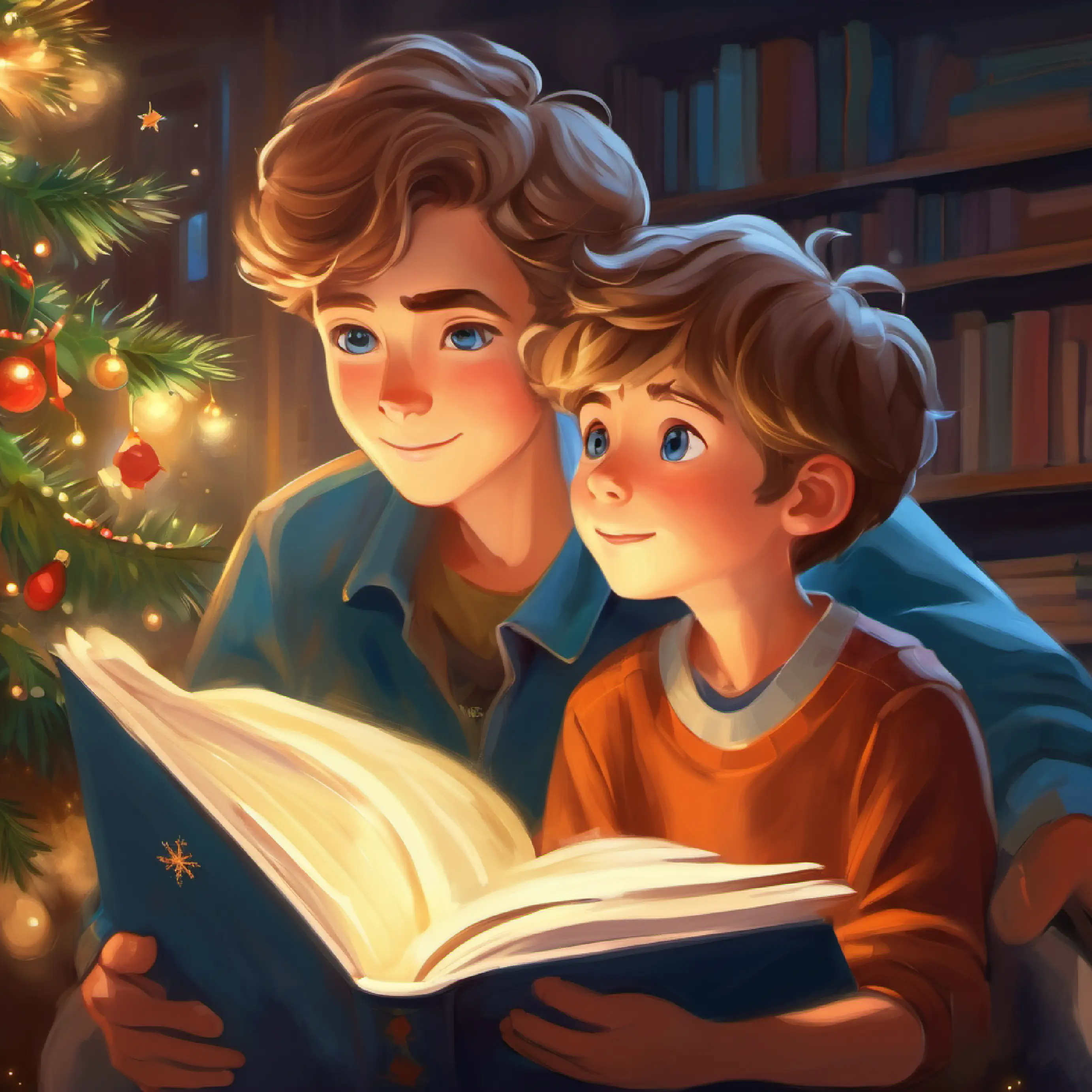 Boy with curious blue eyes and light brown hair, loves reading expressing his wish for a long story to his mom.